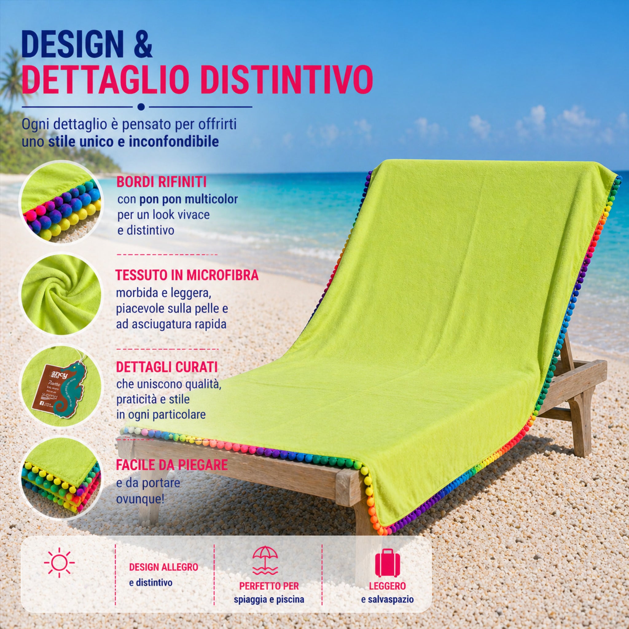 dettaglio bordo telo mare verde con pon pon colorati vivaci
