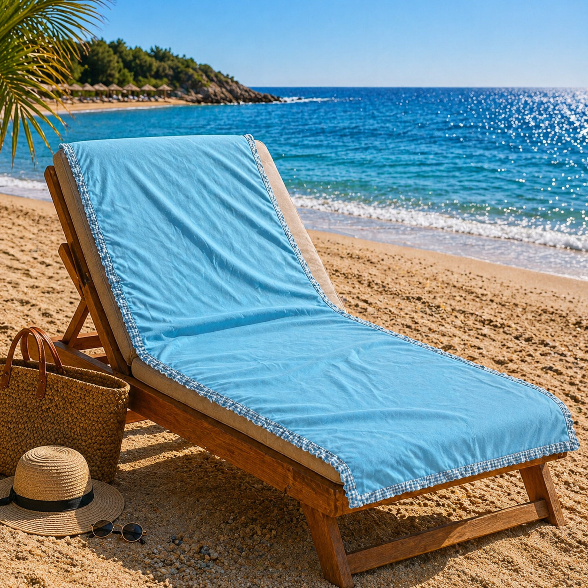 telo mare microfibra azzurro con rouches fancy home elba su lettino spiaggia leggero e compatto
