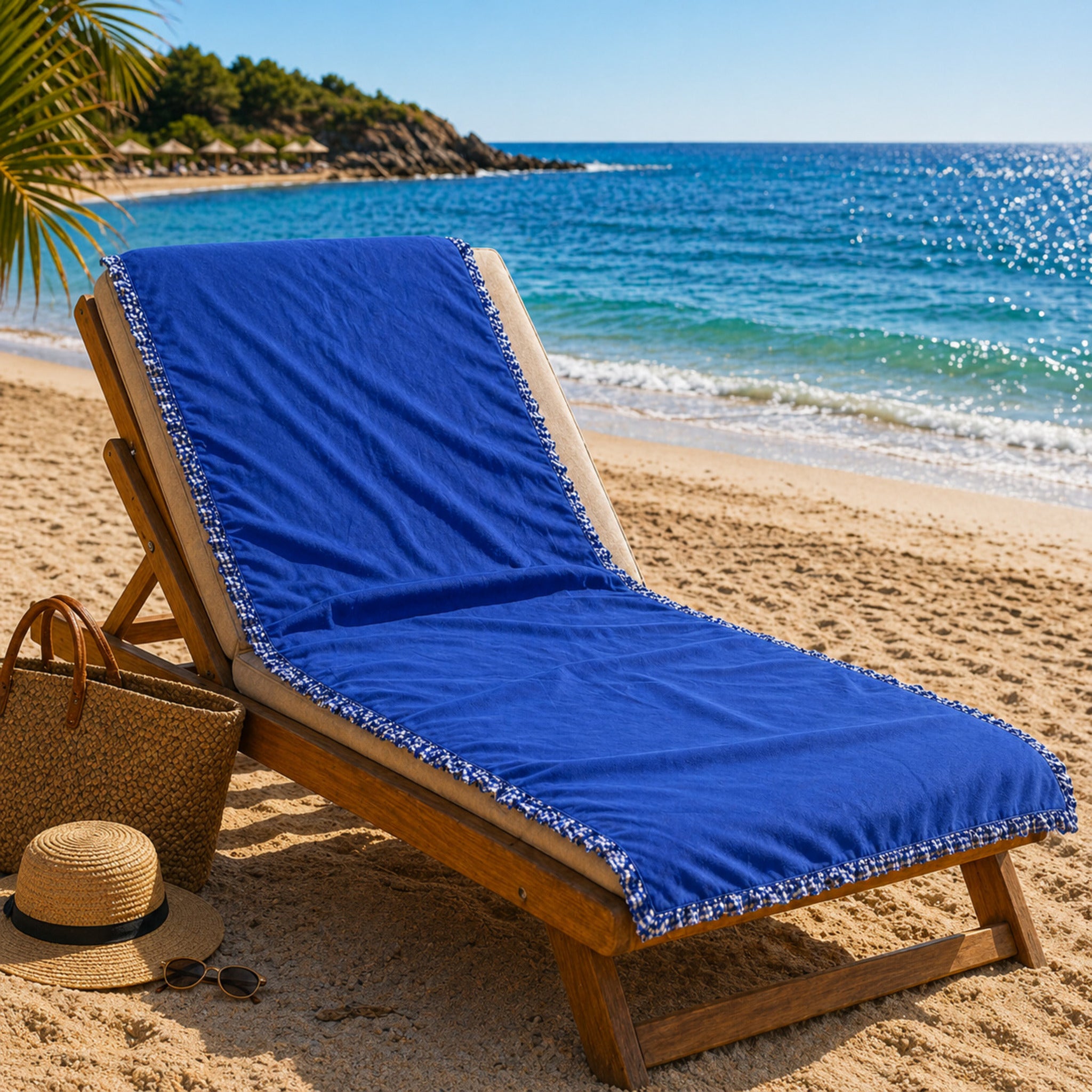 telo mare microfibra blu con rouches fancy home elba su lettino spiaggia leggero e compatto
