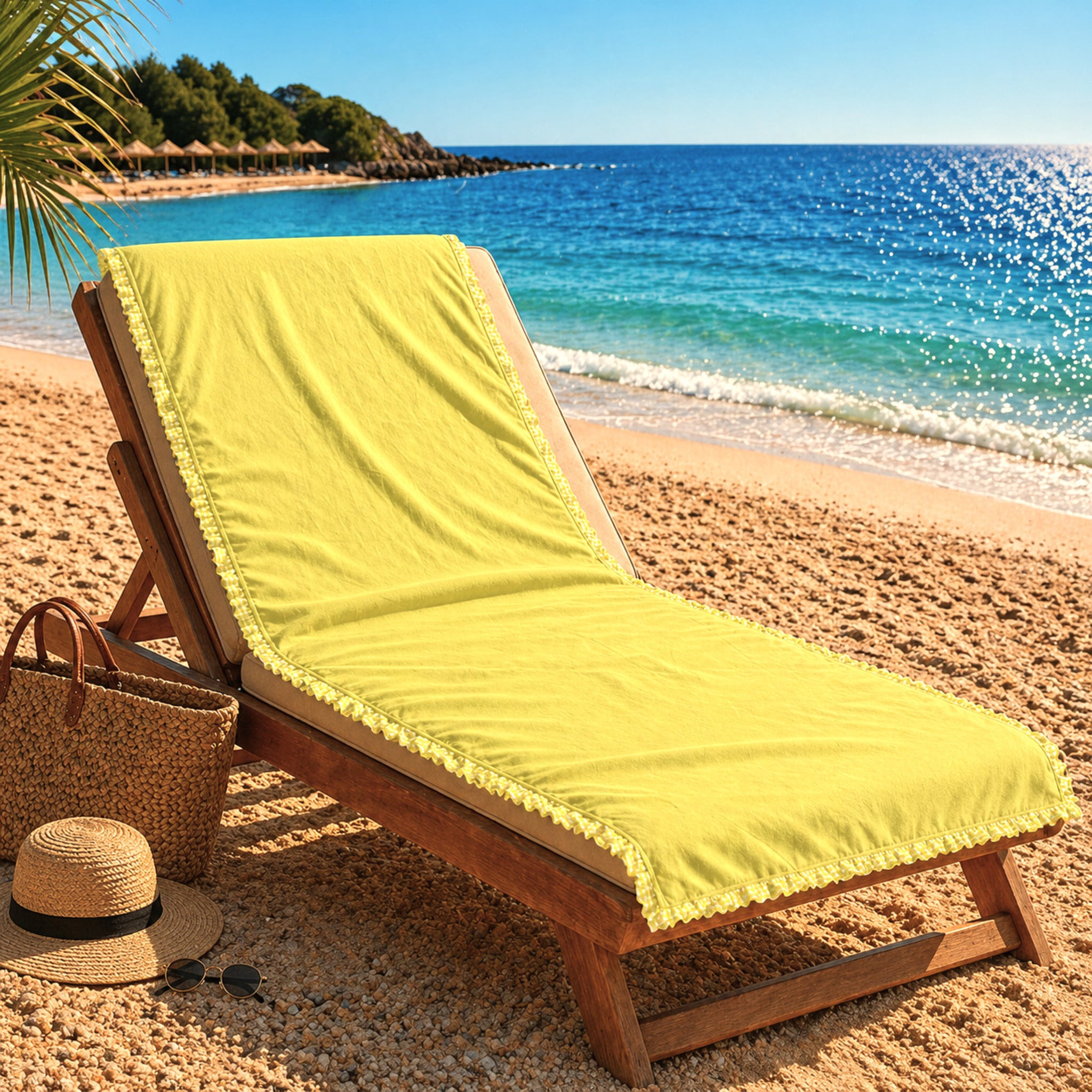 telo mare microfibra giallo con rouches fancy home elba su lettino spiaggia leggero e compatto
