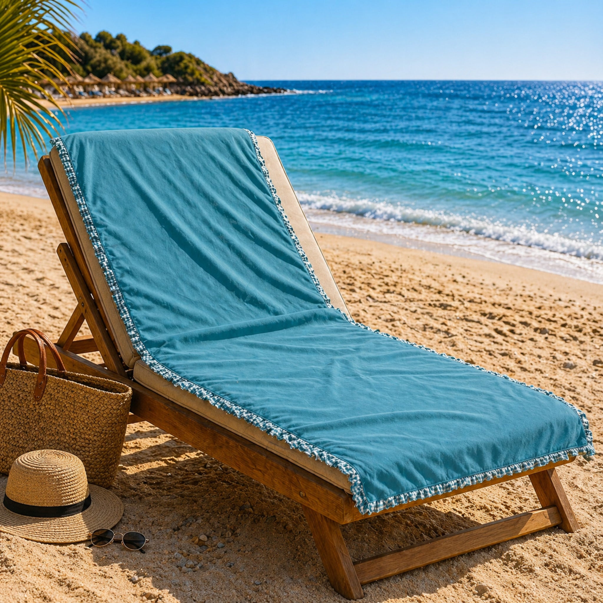 telo mare microfibra petrolio con rouches fancy home elba su lettino spiaggia leggero e compatto

