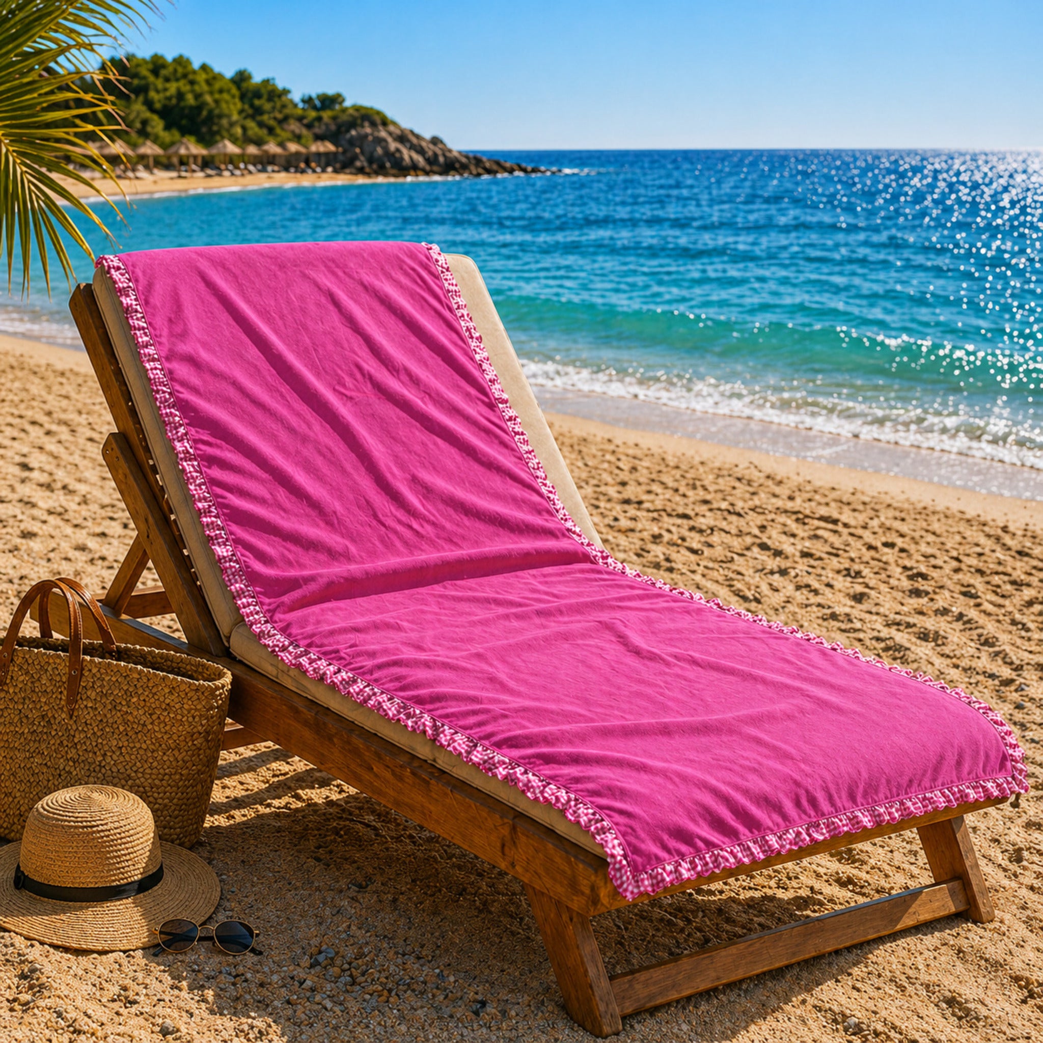 telo mare microfibra rosacon rouches fancy home elba su lettino spiaggia leggero e compatto
