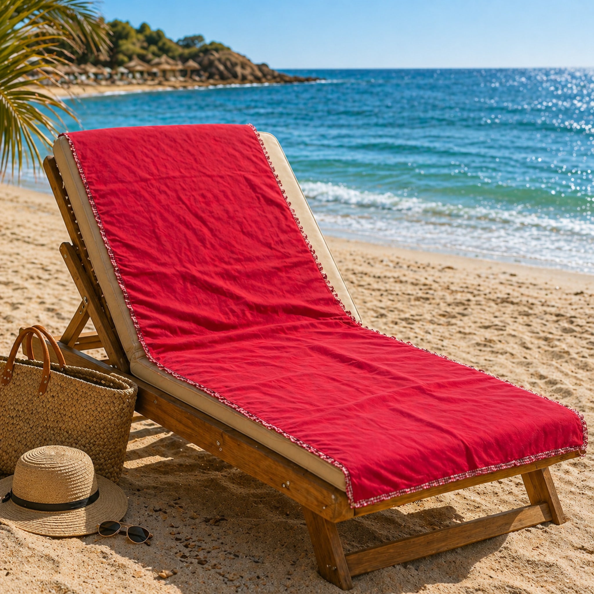 telo mare microfibra rosso con rouches fancy home elba su lettino spiaggia leggero e compatto
