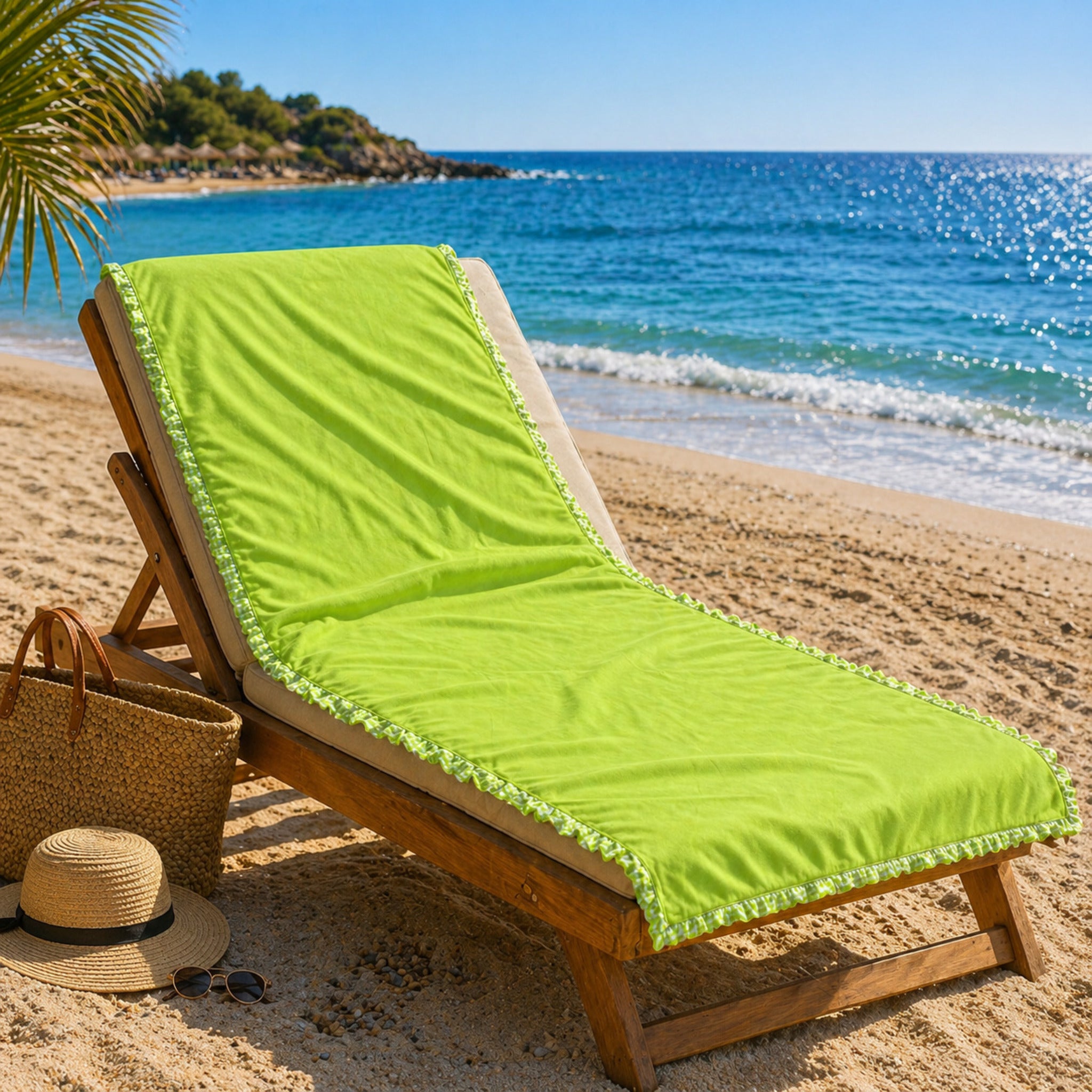 telo mare microfibra verde con rouches fancy home elba su lettino spiaggia leggero e compatto
