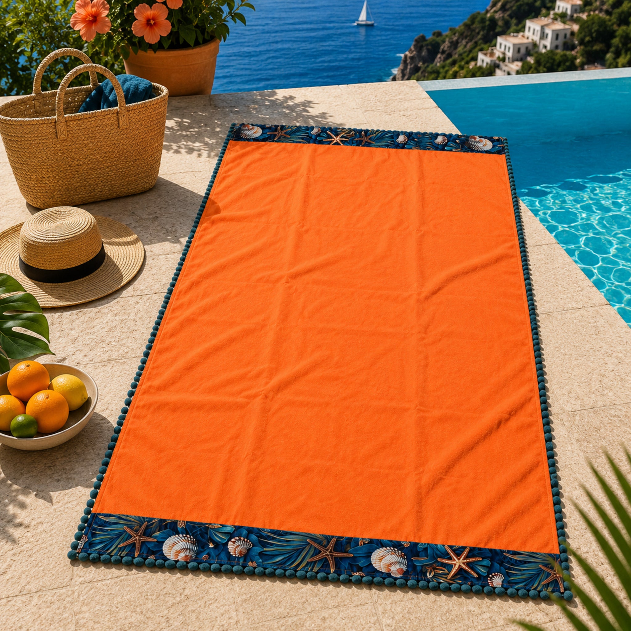 Telo mare in microfibra Fancy Home Erice arancione 86x165 cm con balze decorative marine e pon pon laterali