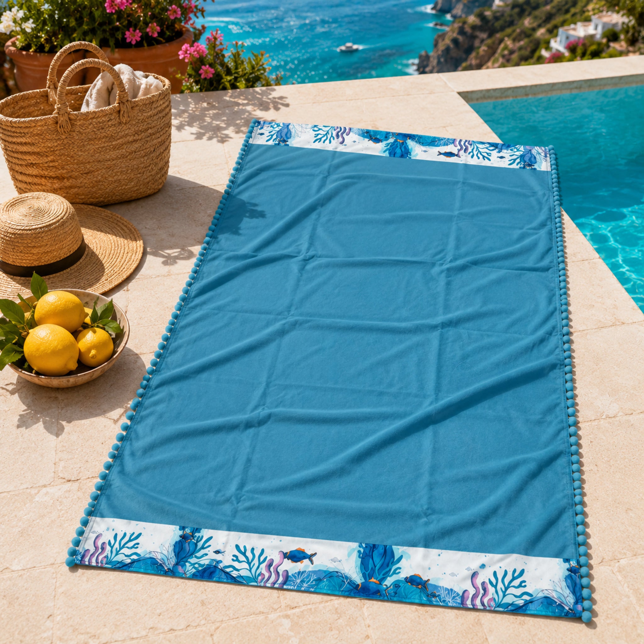 Telo mare in microfibra Fancy Home Erice azzurro 86x165 cm con balze decorative marine e pon pon laterali