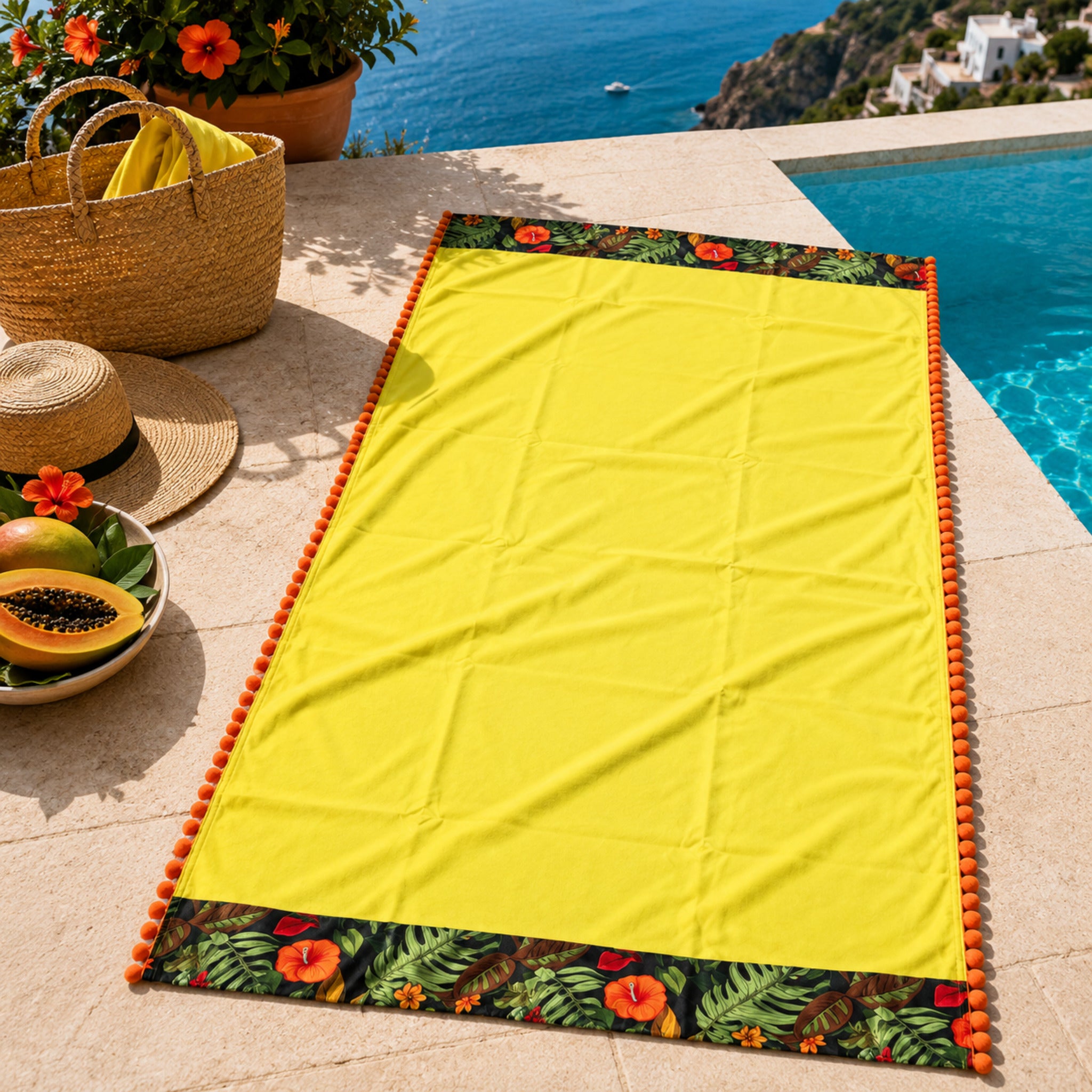 Telo mare in microfibra Fancy Home Erice giallo  86x165 cm con balze decorative marine e pon pon laterali