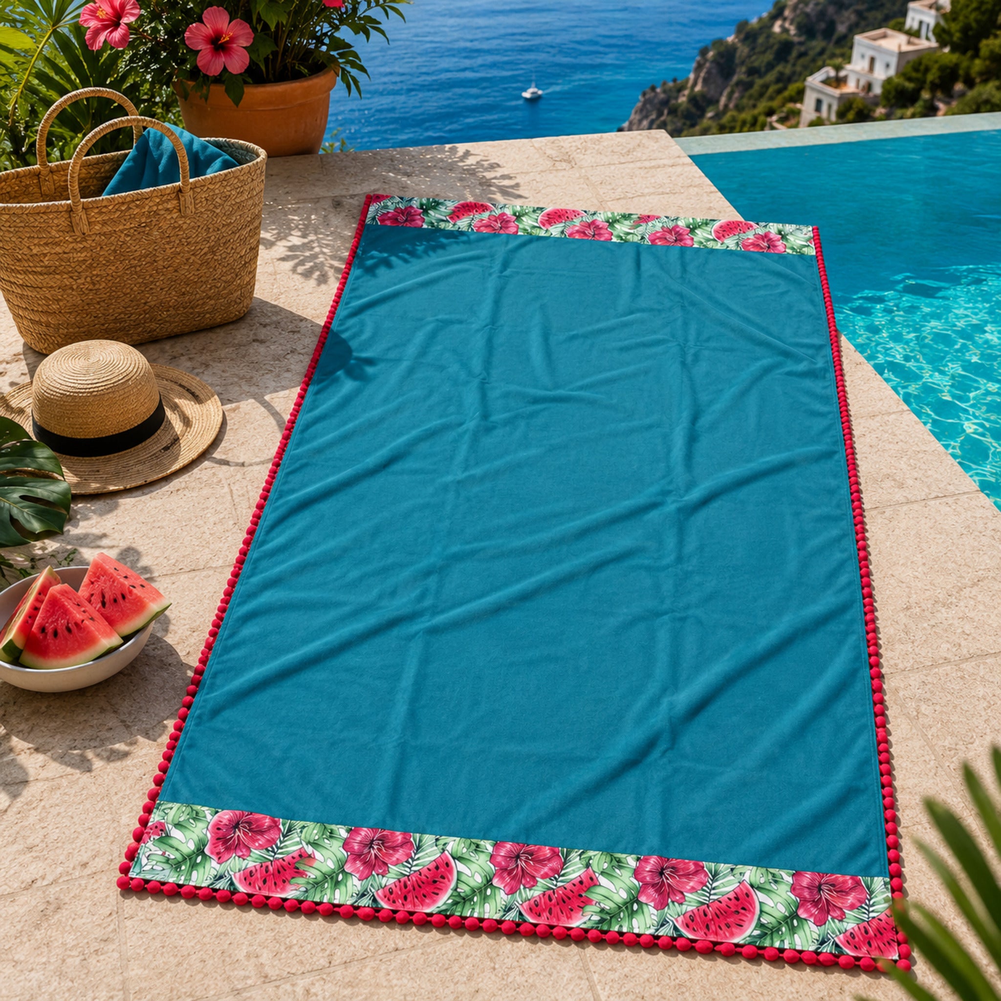 Telo mare in microfibra Fancy Home Erice petrolio 86x165 cm con balze decorative marine e pon pon laterali