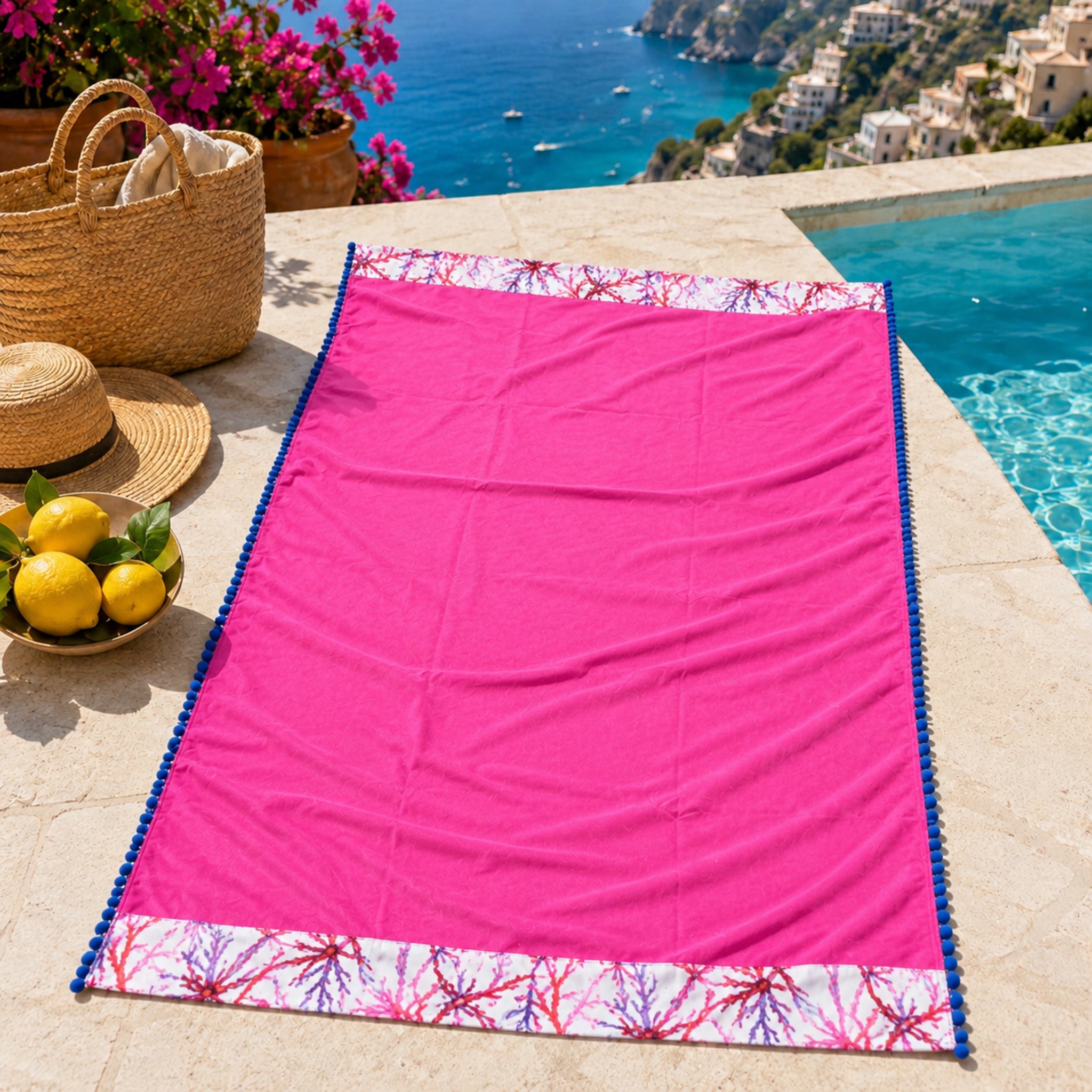 Telo mare in microfibra Fancy Home Erice rosa 86x165 cm con balze decorative marine e pon pon laterali