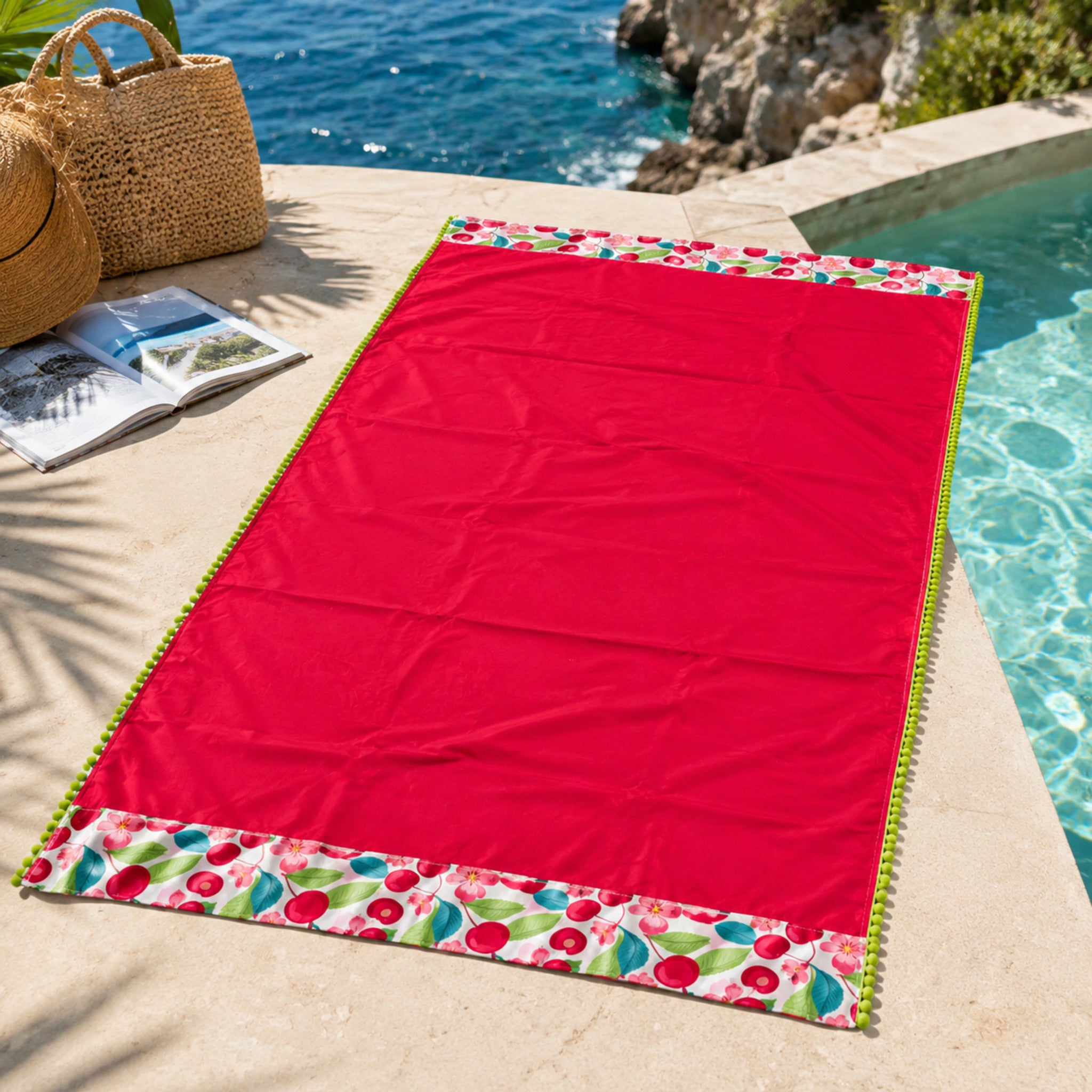 Telo mare in microfibra Fancy Home Erice rosso 86x165 cm con balze decorative marine e pon pon laterali