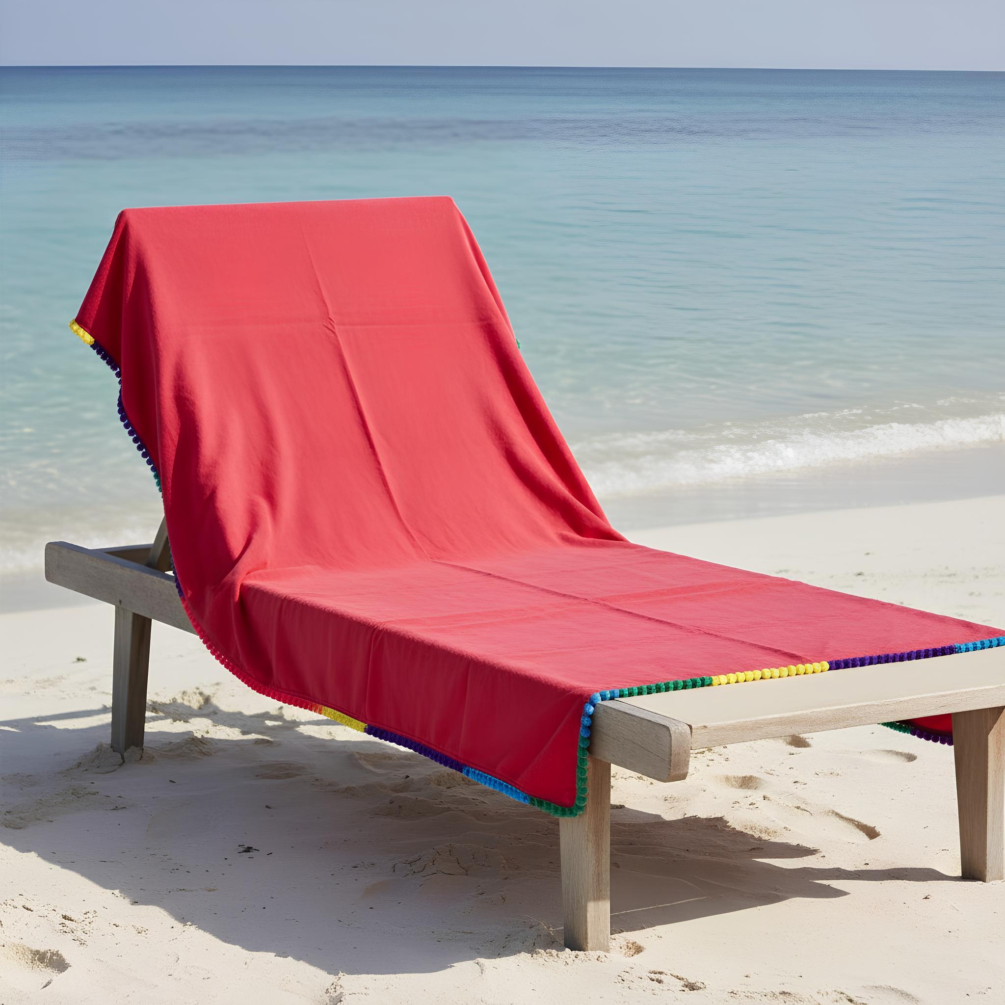telo mare microfibra magenta con pon pon colorati su lettino spiaggia