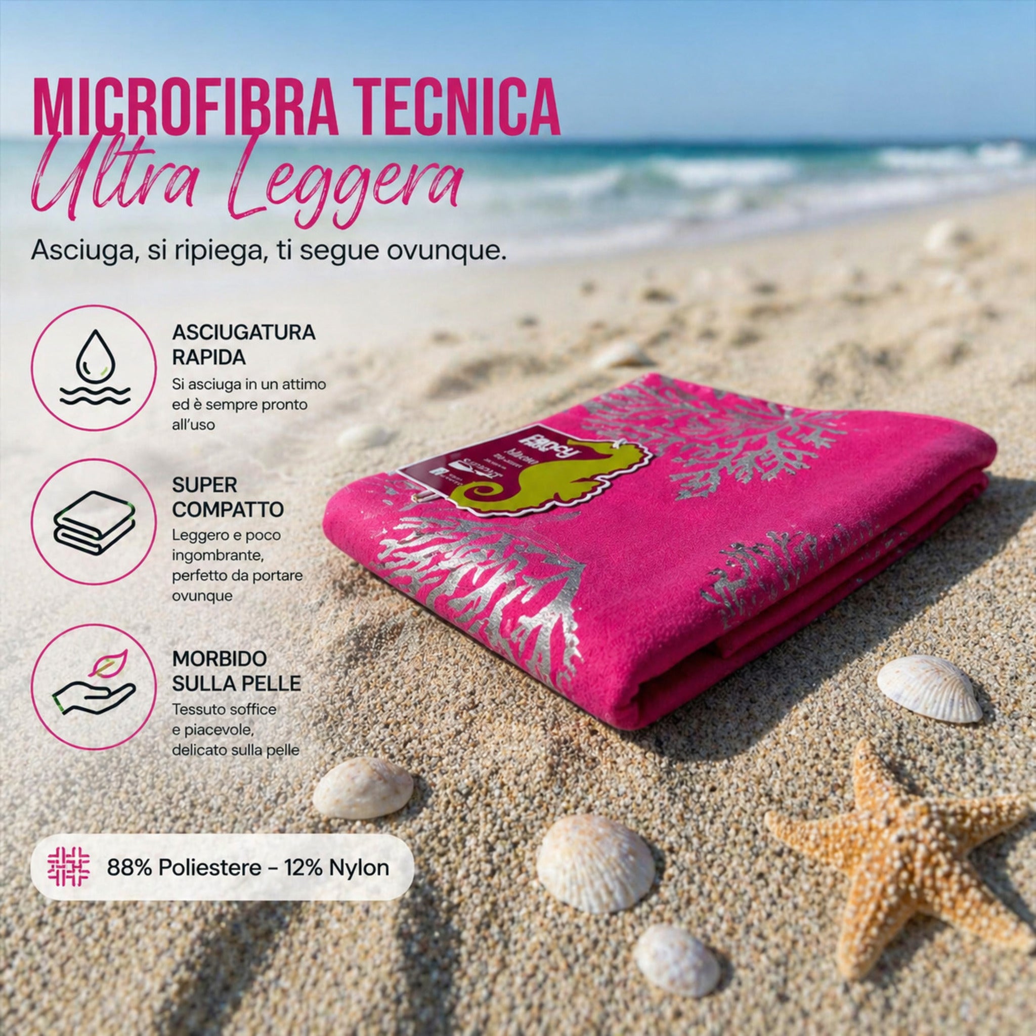 telo mare fucsia piegato con fantasia marina coralli e conchiglie