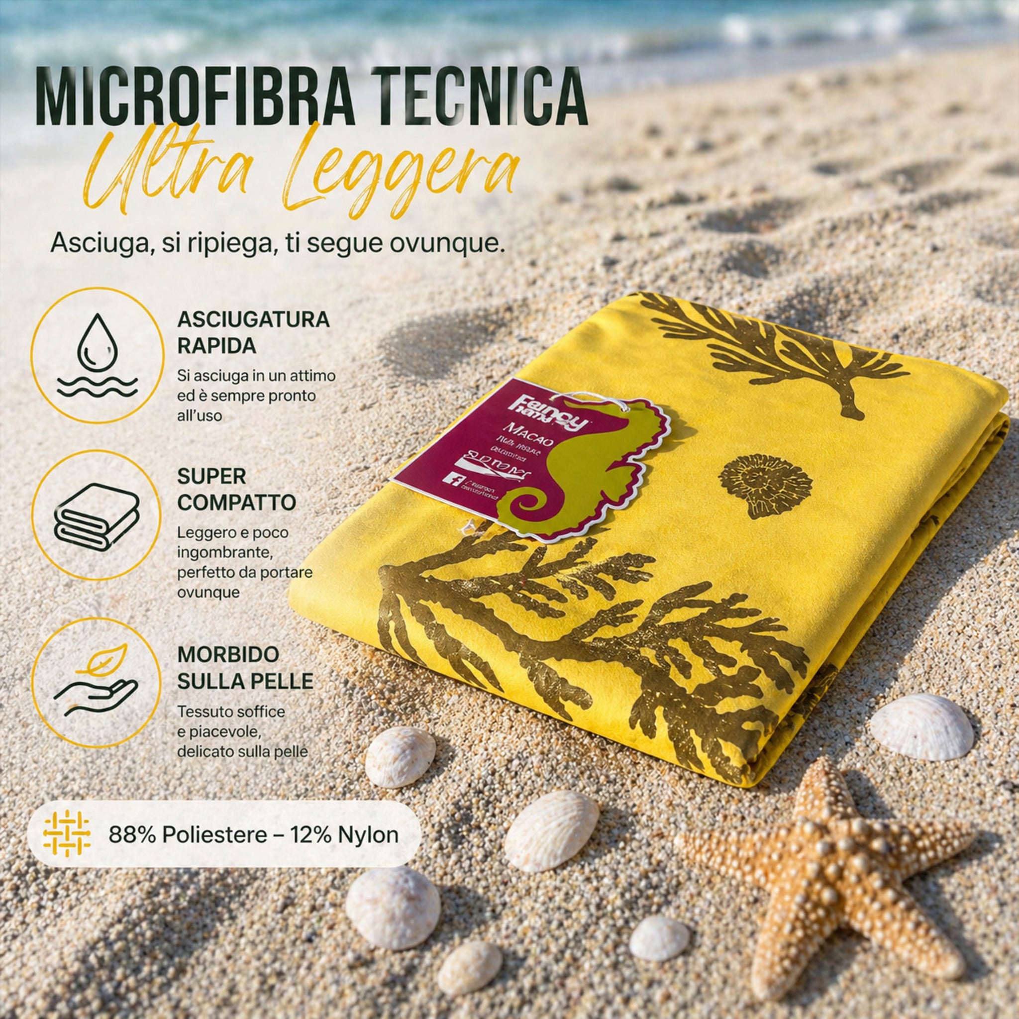 telo mare piegato con fantasia marina coralli e conchiglie giallo