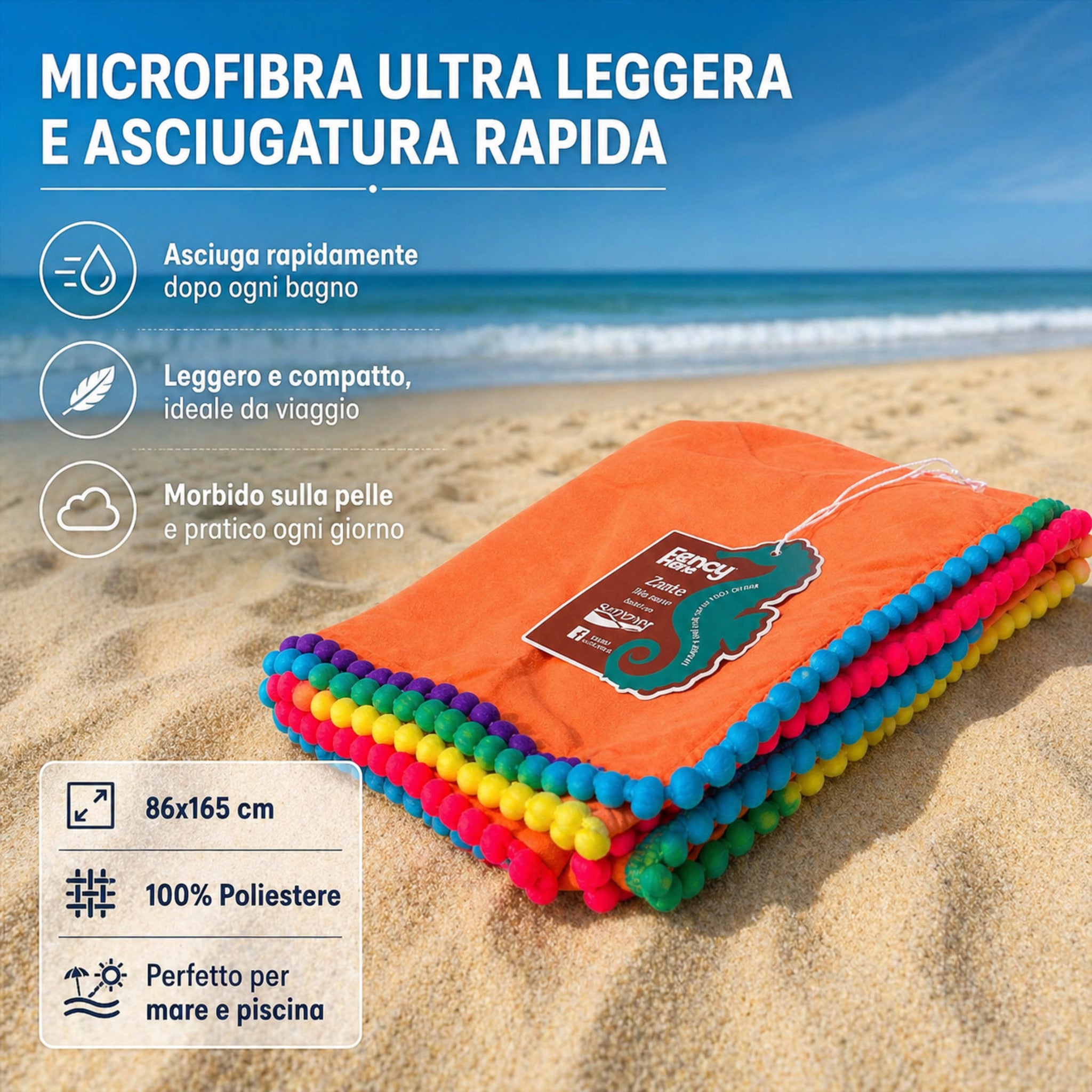 telo mare microfibra piegato dettaglio bordi pon pon multicolor