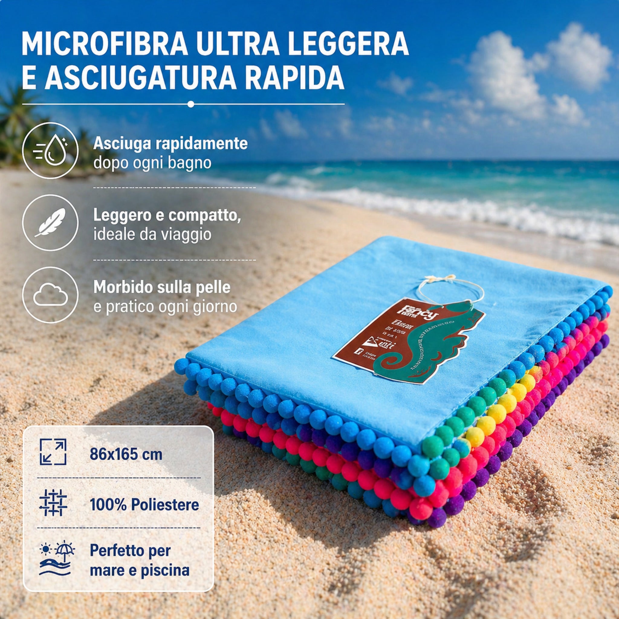 telo mare azzurro microfibra piegato dettaglio bordi pon pon multicolor