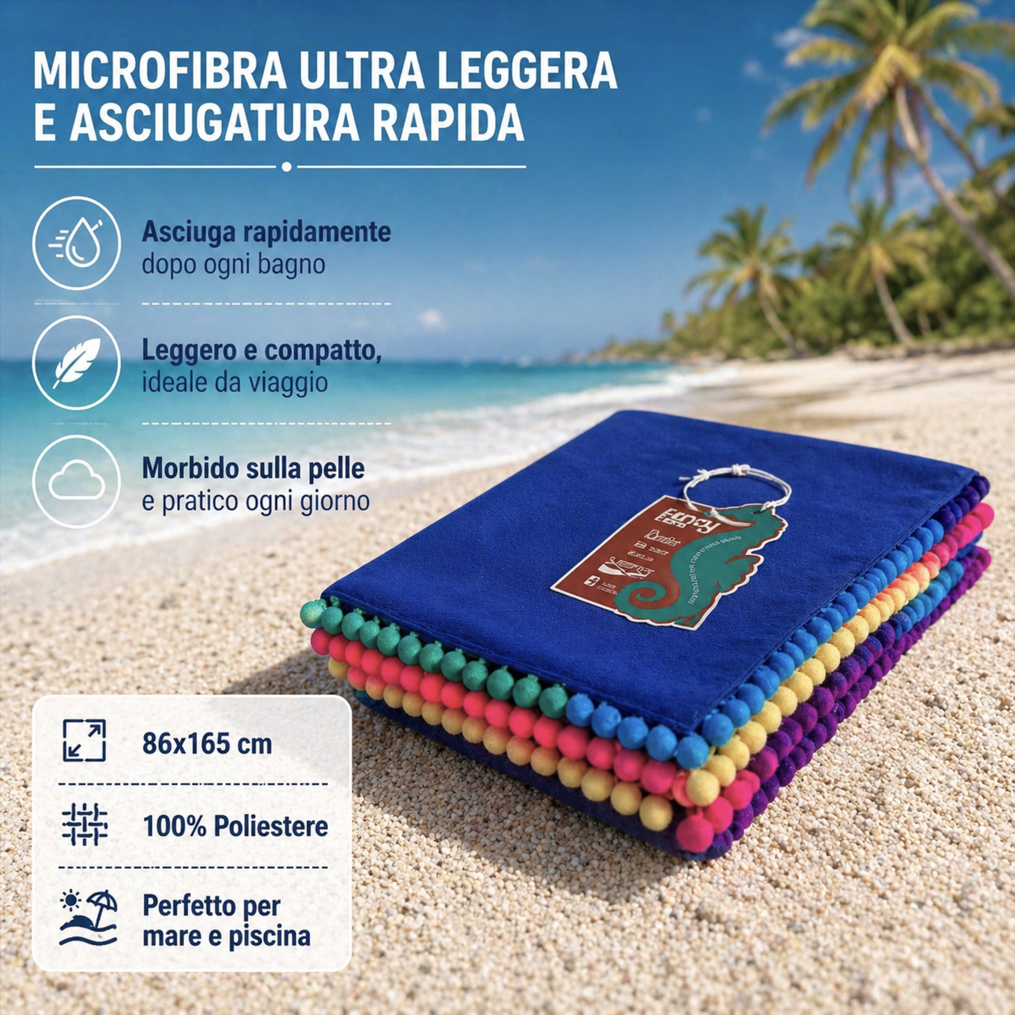 telo mare blu microfibra piegato dettaglio bordi pon pon multicolor
