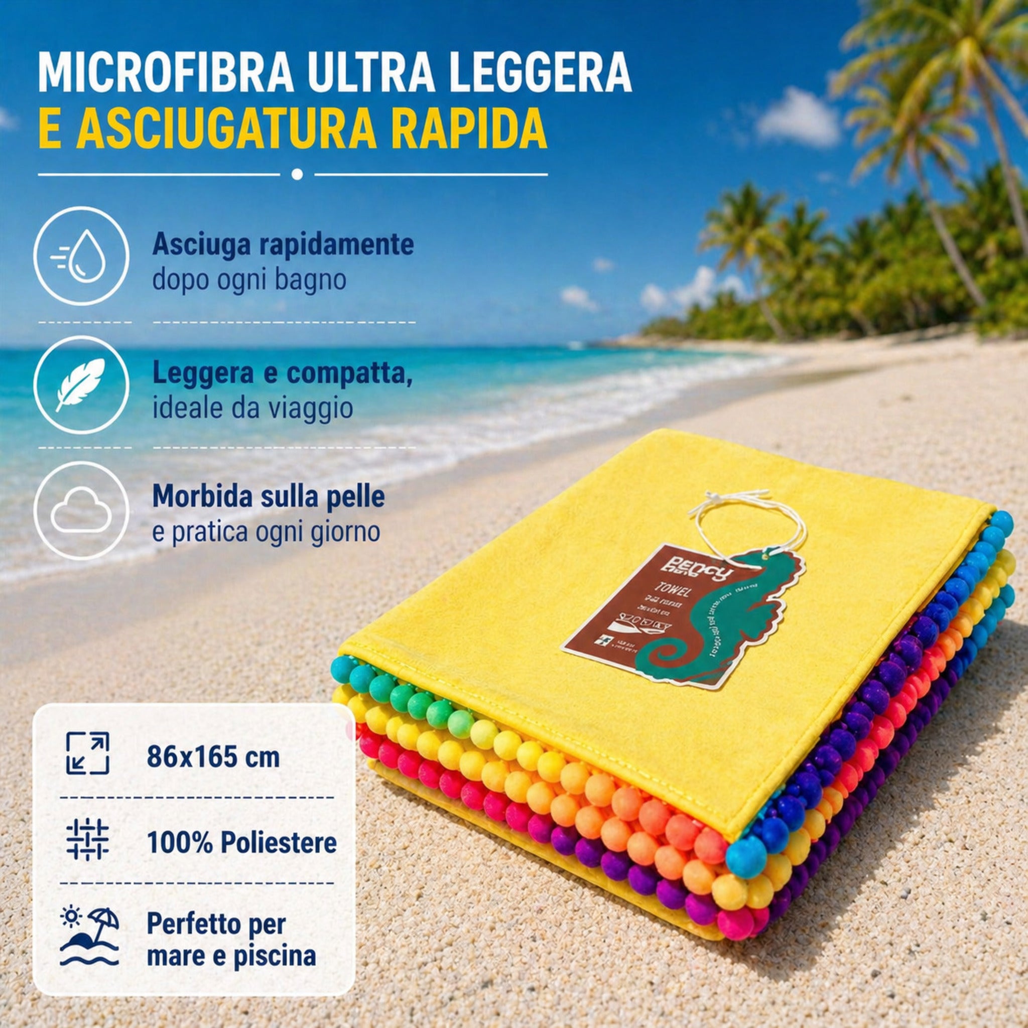 telo mare giallo microfibra piegato dettaglio bordi pon pon multicolor