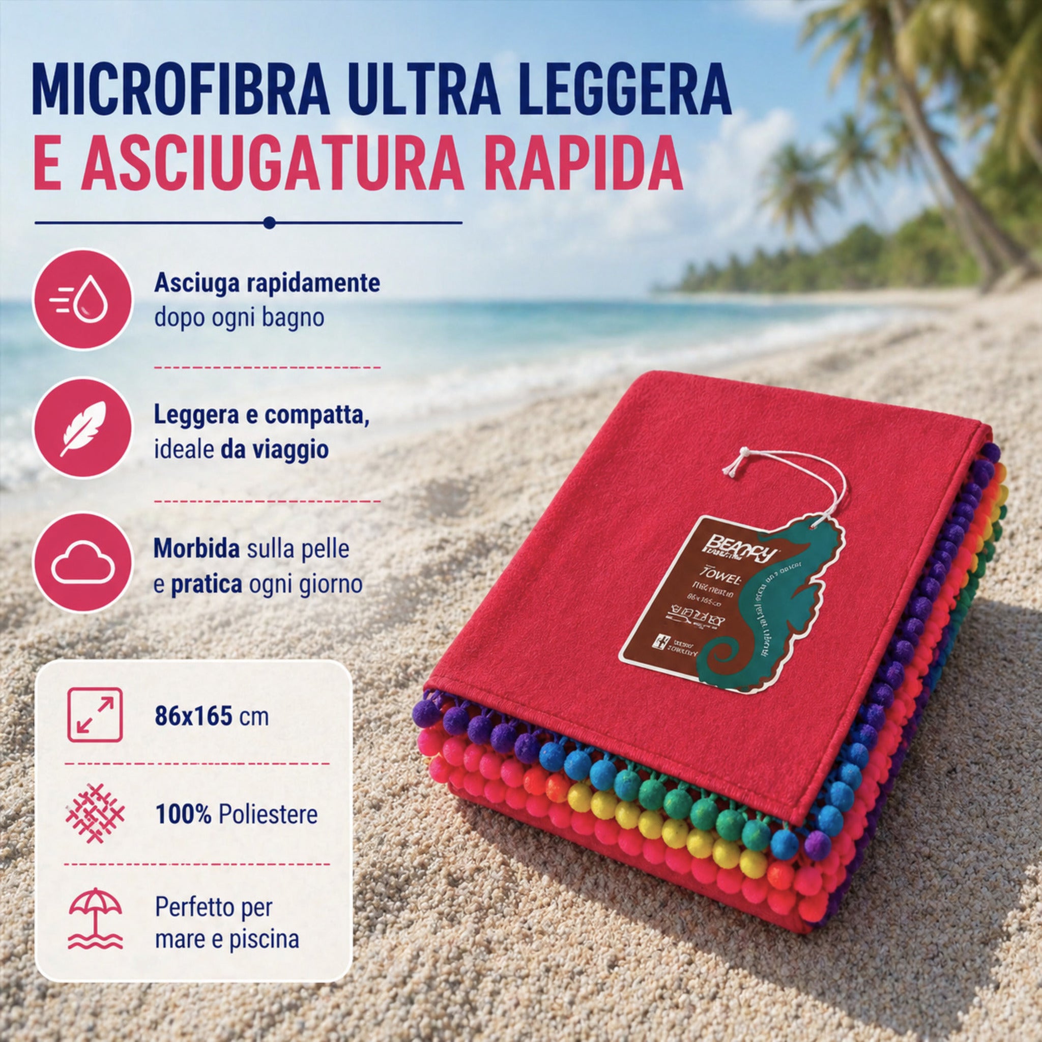 telo mare magenta microfibra piegato dettaglio bordi pon pon multicolor