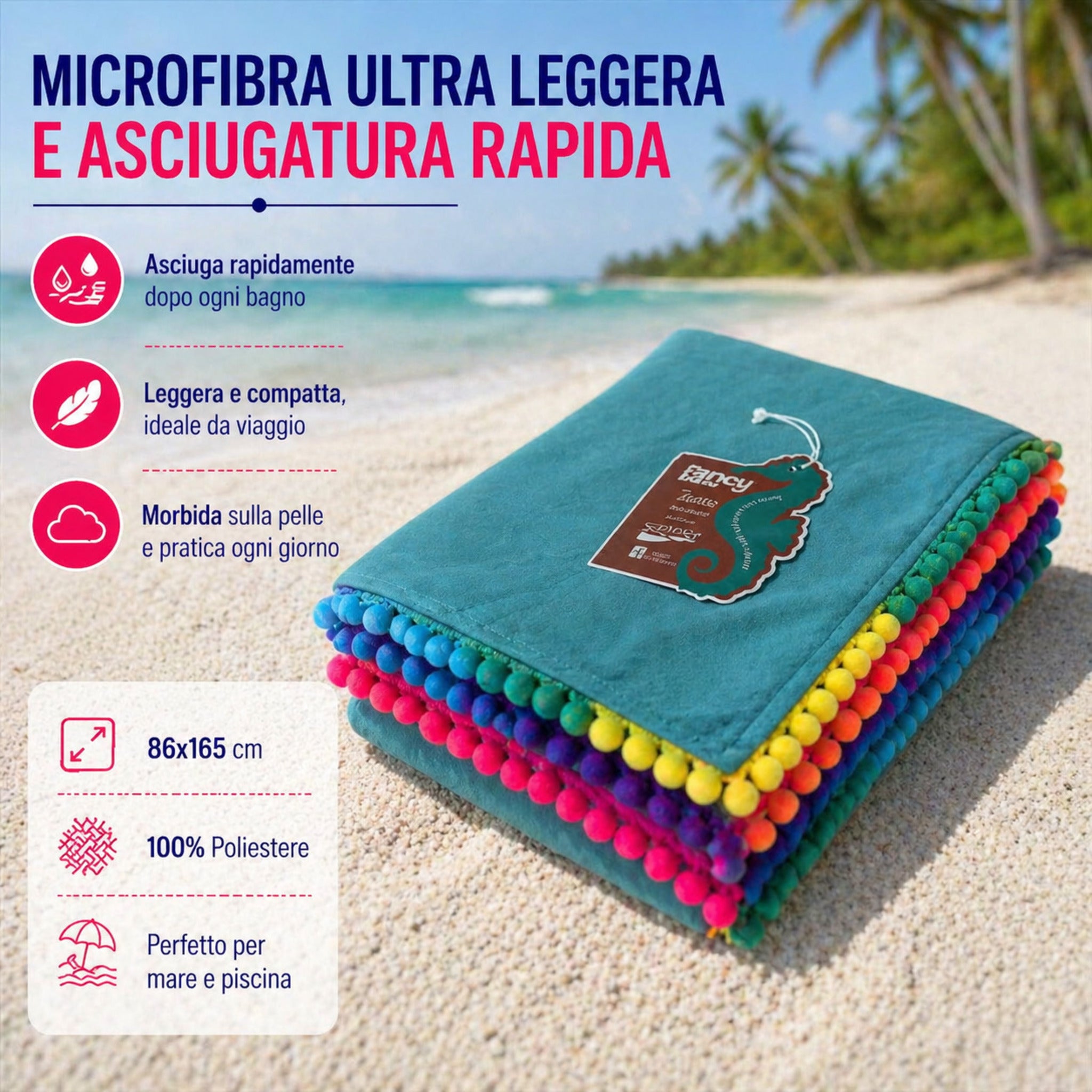 telo mare microfibra petrolio piegato dettaglio bordi pon pon multicolor