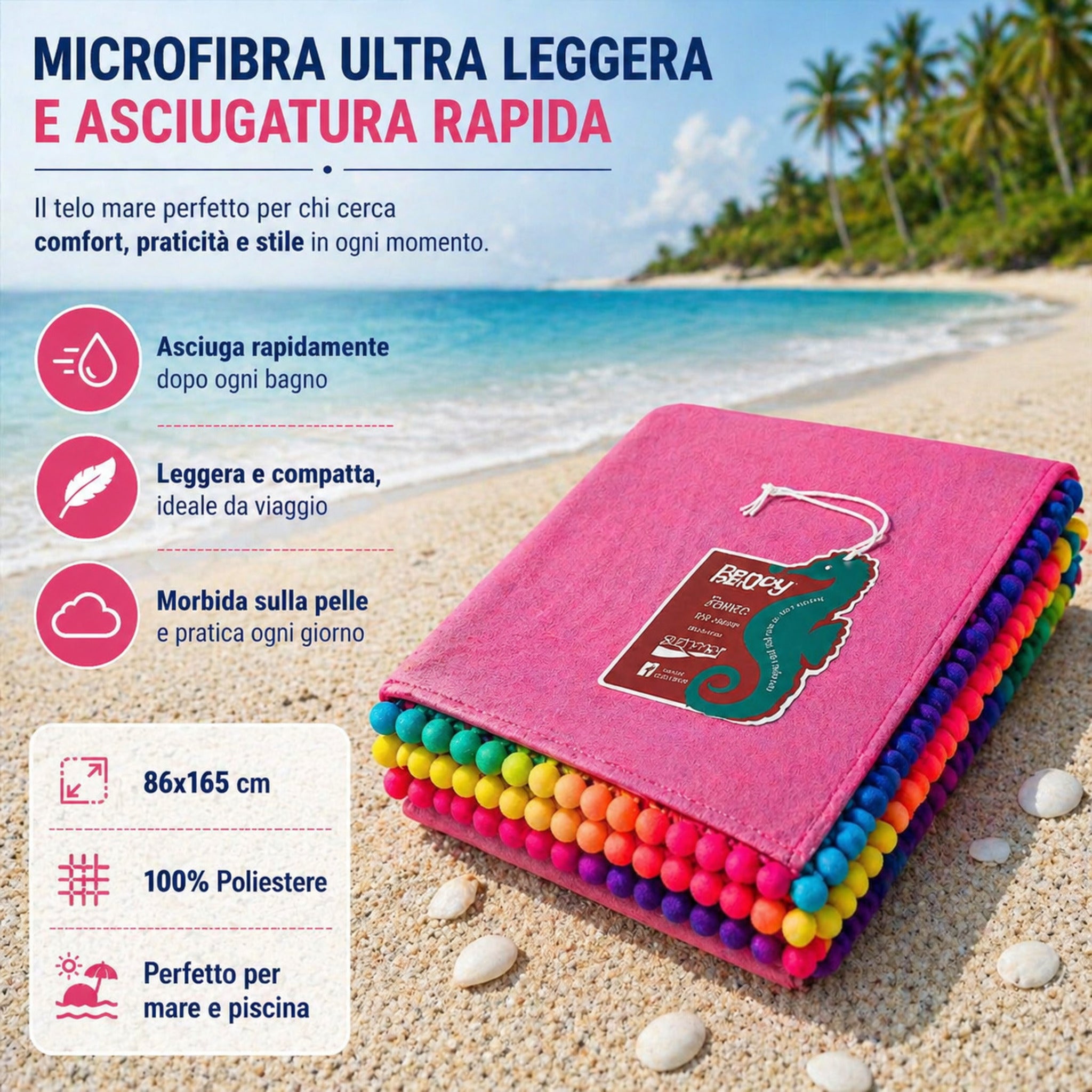 telo mare microfibra rosa piegato dettaglio bordi pon pon multicolor