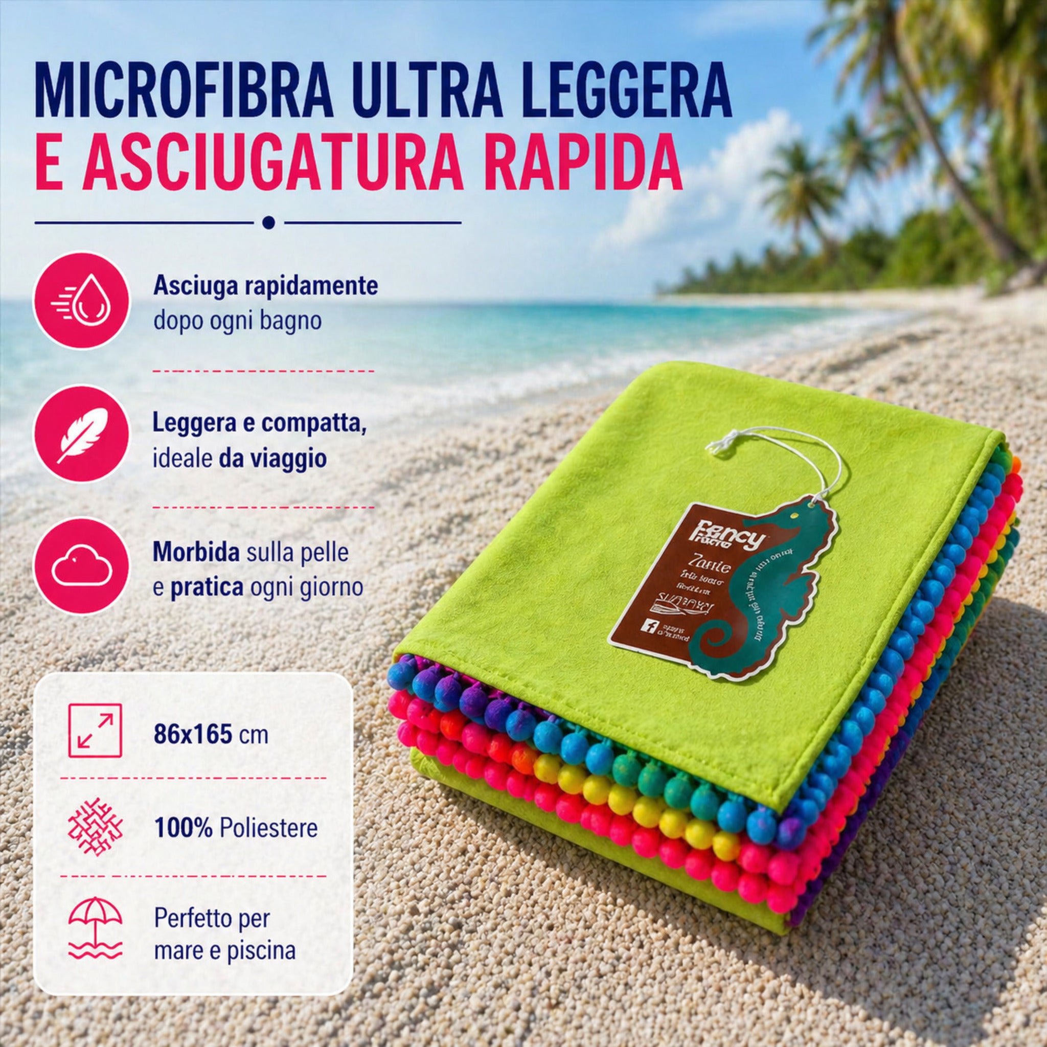 telo mare microfibra verde piegato dettaglio bordi pon pon multicolor