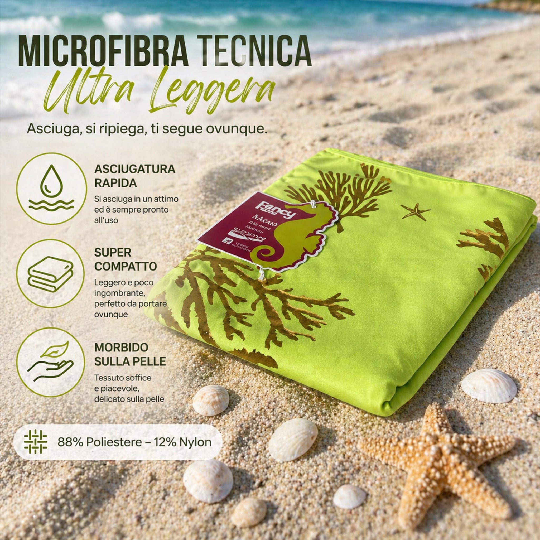 telo mare piegato con fantasia marina coralli e conchiglie verde