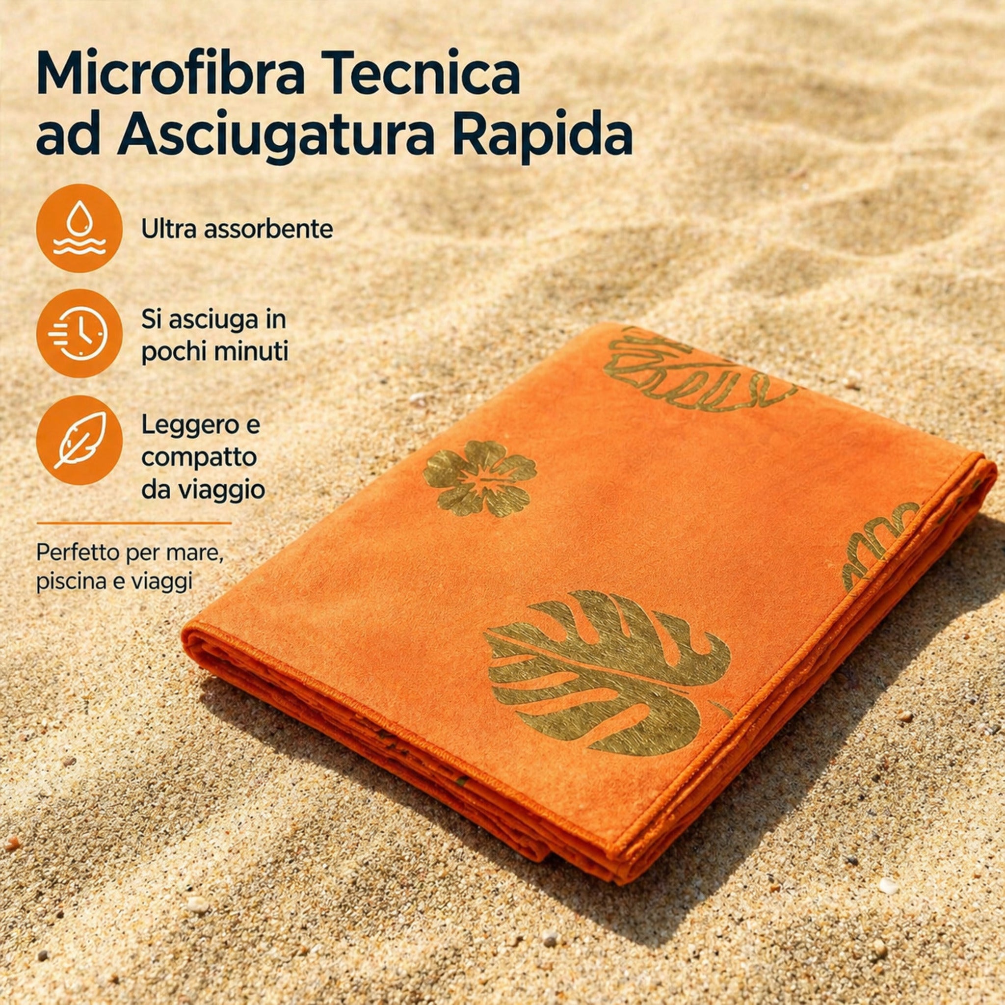 telo mare piegato con fantasia tropicale colorata arancio