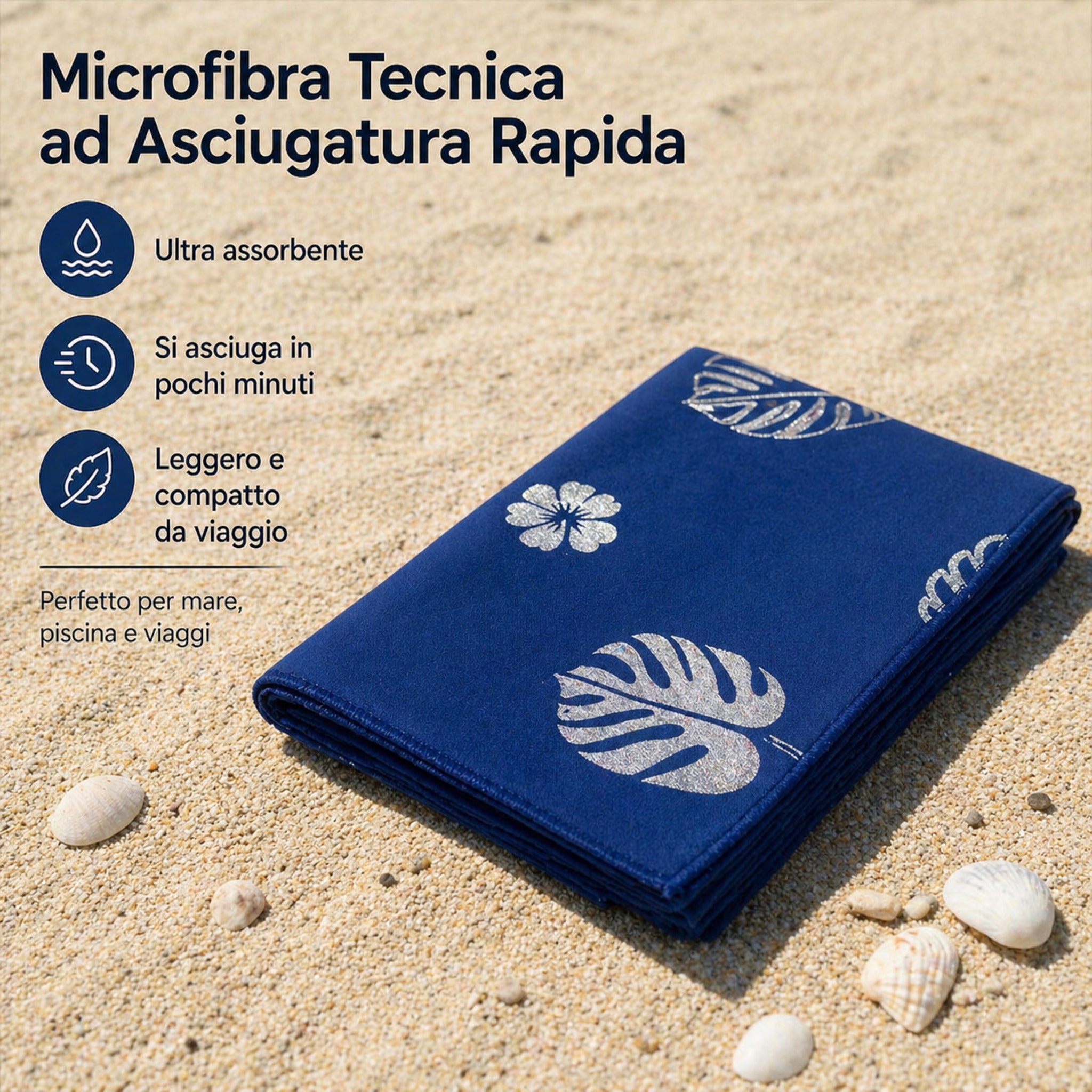 telo mare piegato con fantasia tropicale colorata blu
