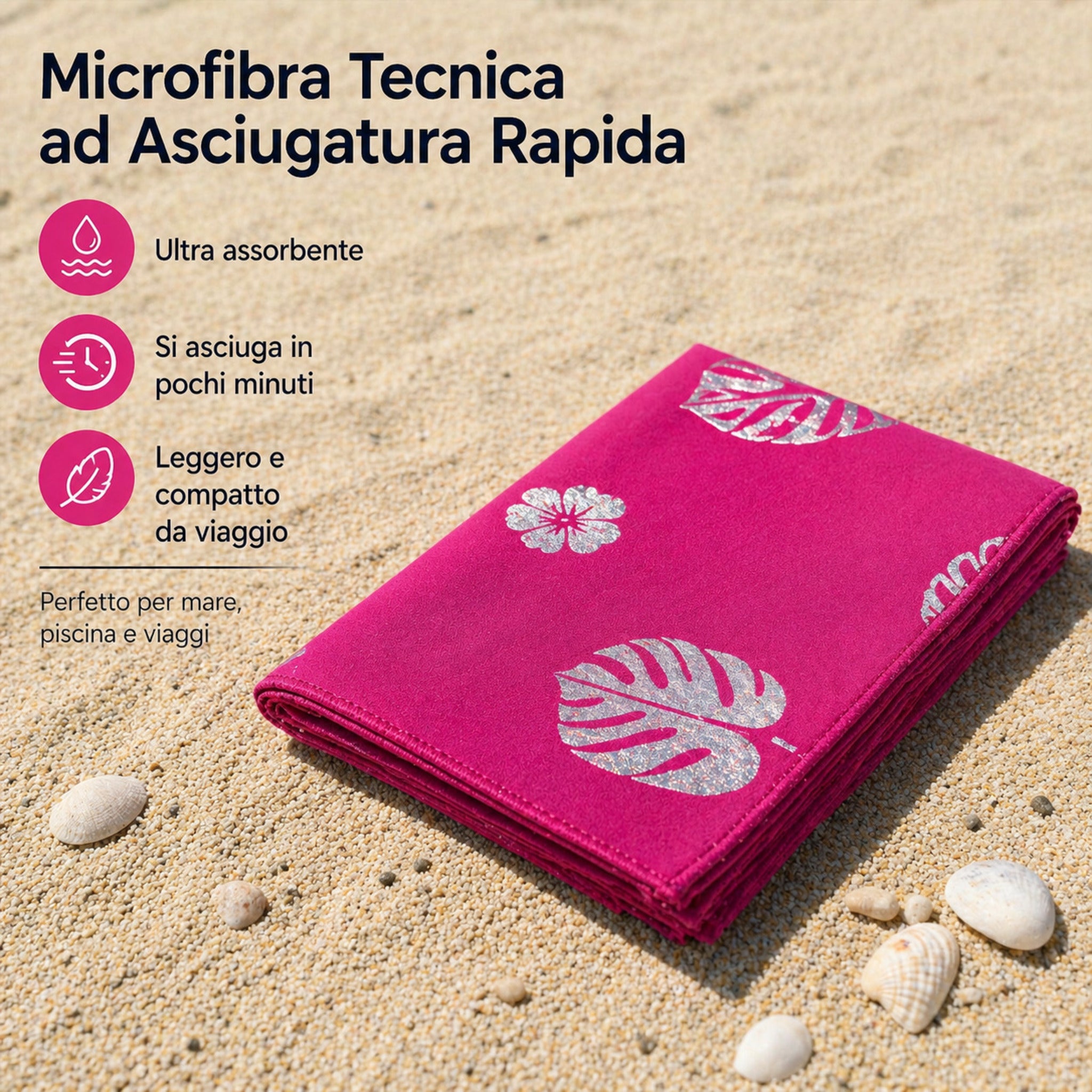telo mare piegato con fantasia tropicale colorata fucsia