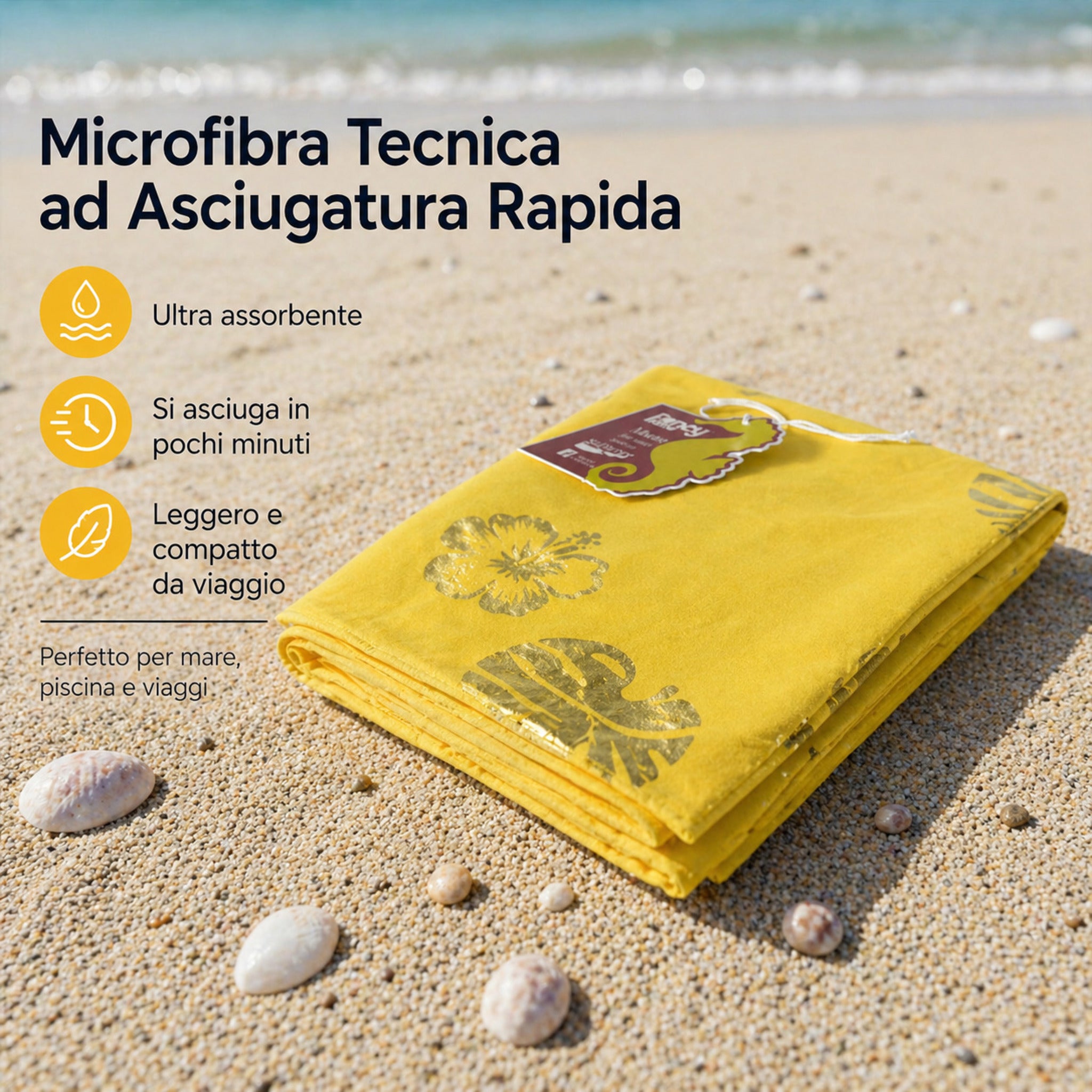 telo mare piegato con fantasia tropicale colorata gialla