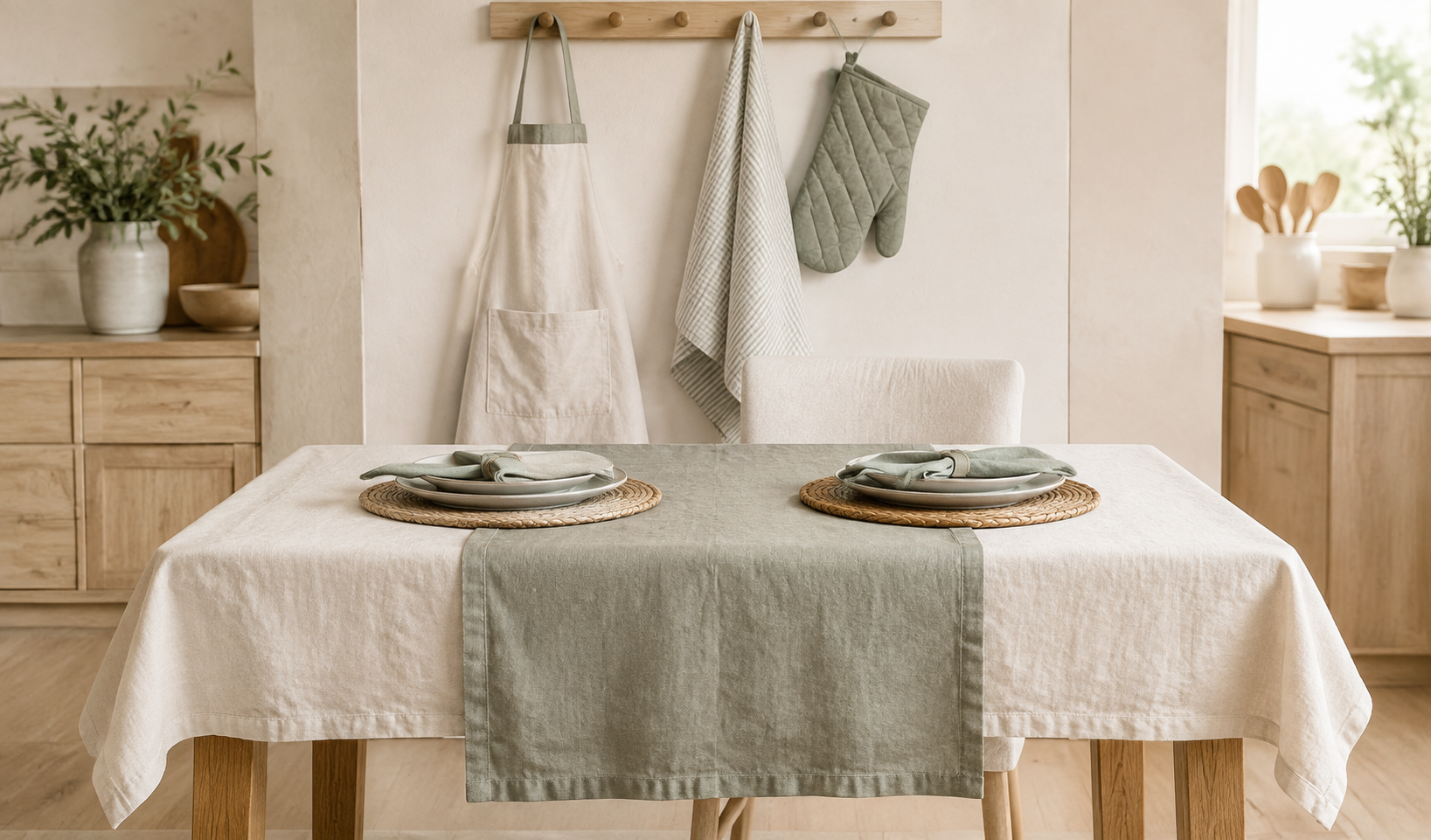Tessile cucina con tovaglia runner tovagliette grembiule e presine