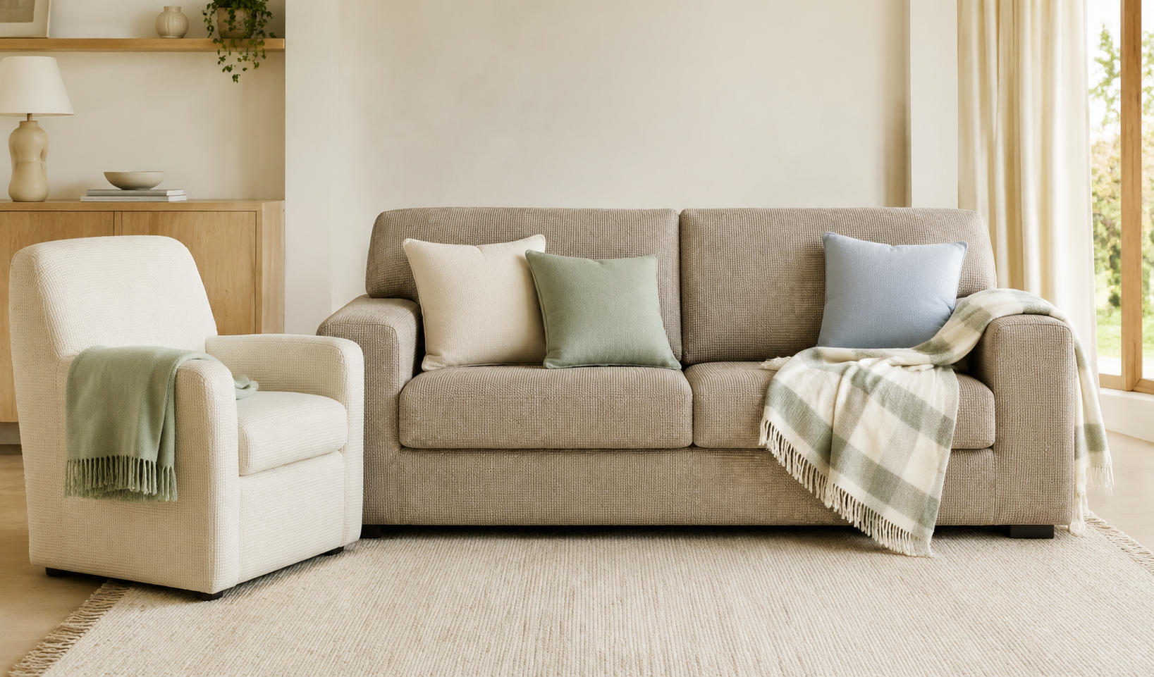 Tessile living con copridivano, copripoltrona, cuscini e plaid