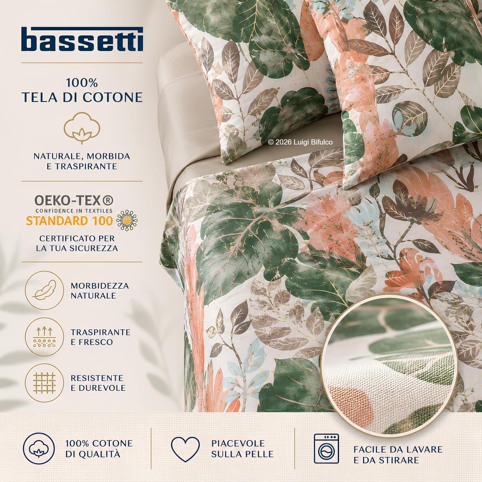 Dettaglio tessuto 100% tela di cotone del completo lenzuola Bassetti Tropic certificato OEKO-TEX beige