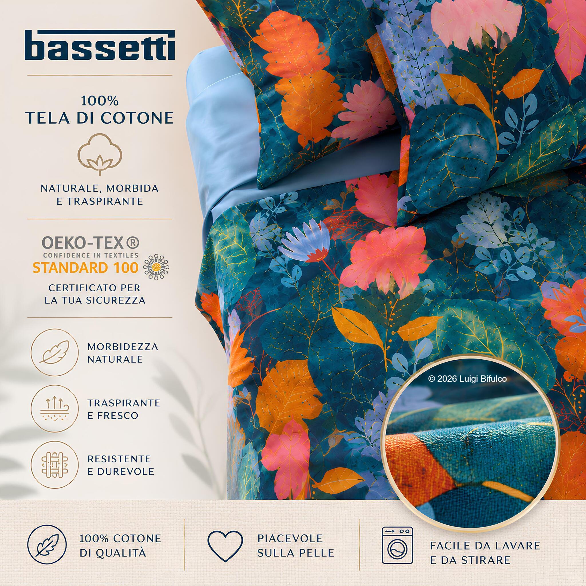 Dettaglio tessuto 100% tela di cotone del completo lenzuola Bassetti Tropic blu certificato OEKO-TEX