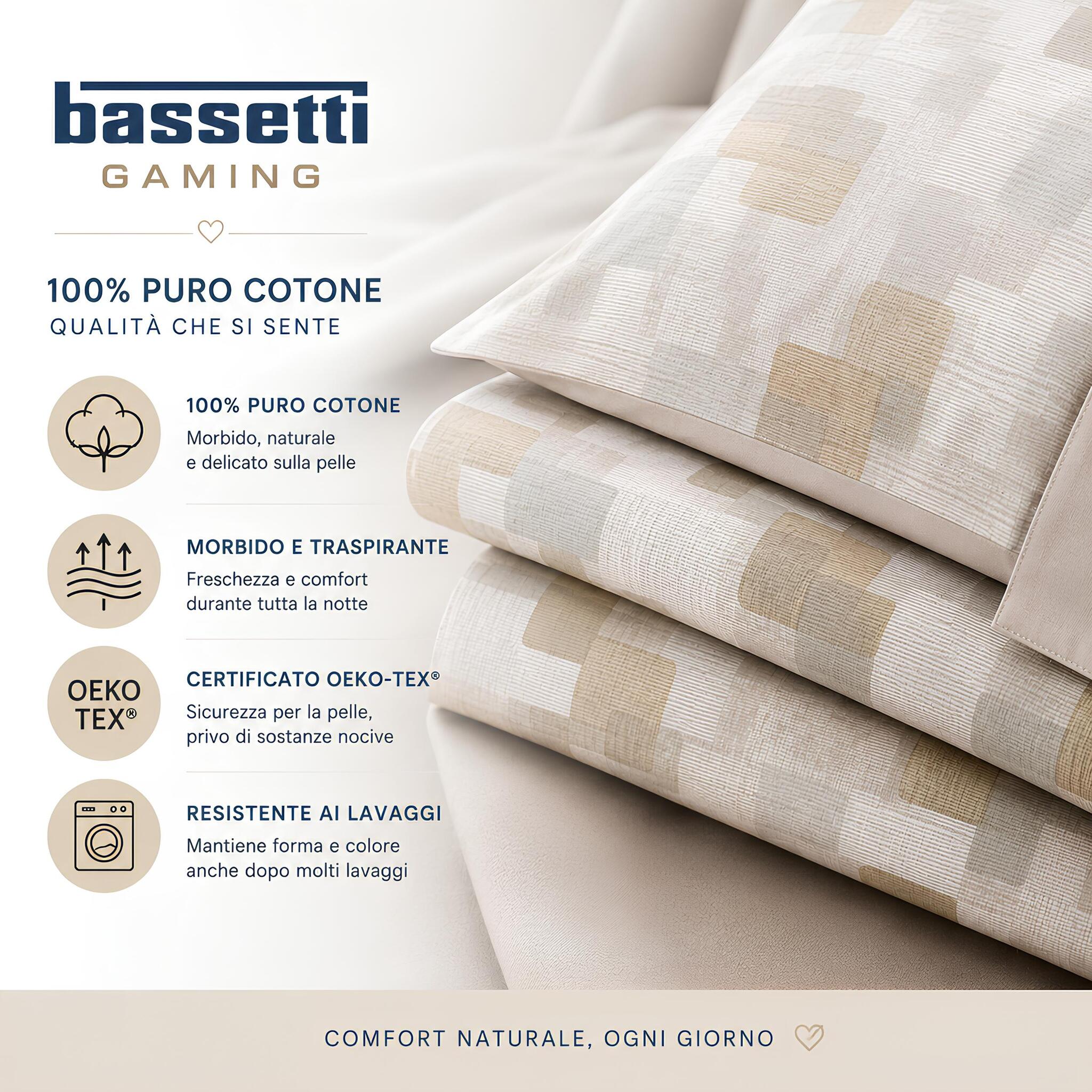 Dettaglio tessuto 100% puro cotone del completo lenzuola matrimoniale Bassetti Gaming beige