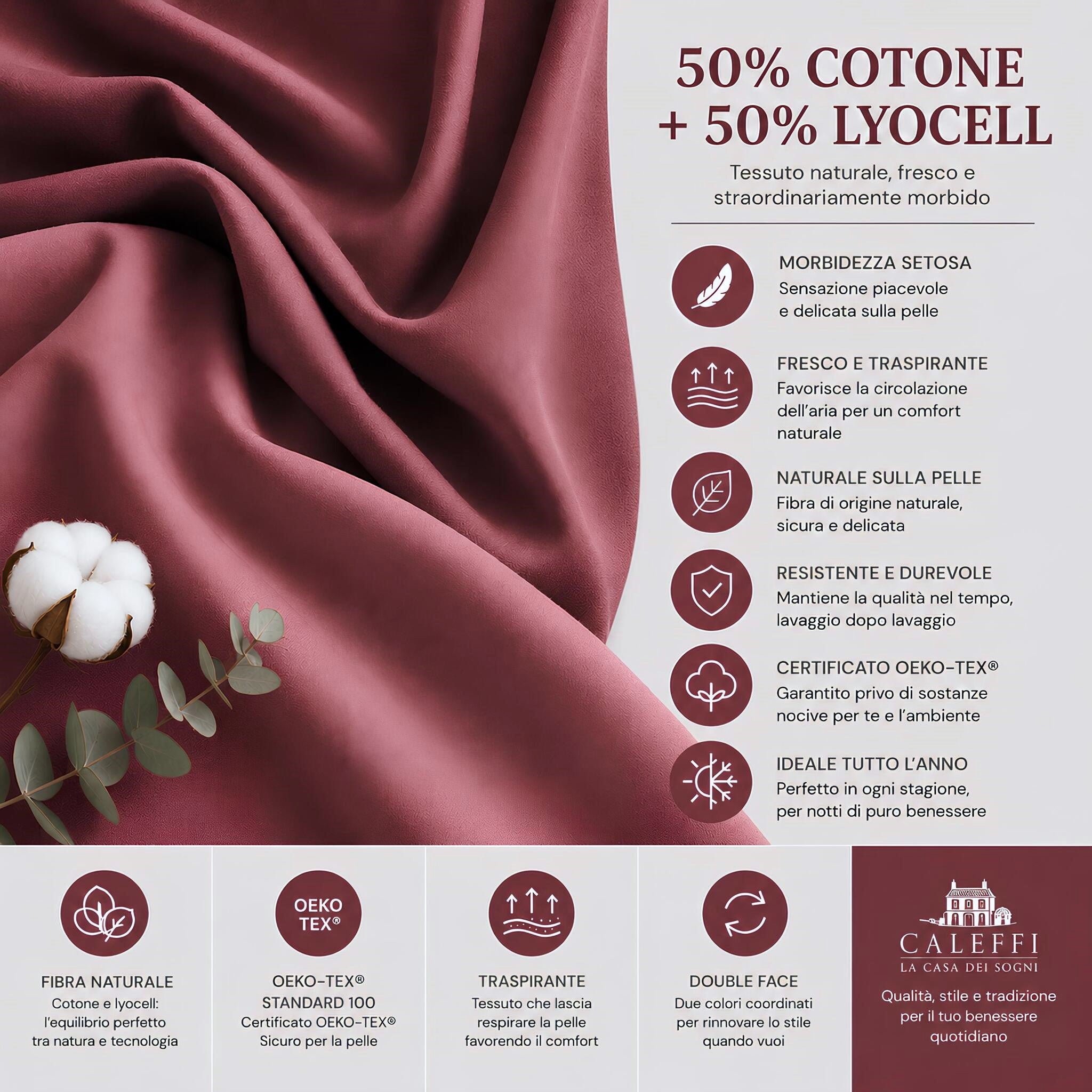 Dettaglio tessuto 50 cotone 50 lyocell del completo copripiumino Caleffi Vita certificato Oeko Tex bordeaux