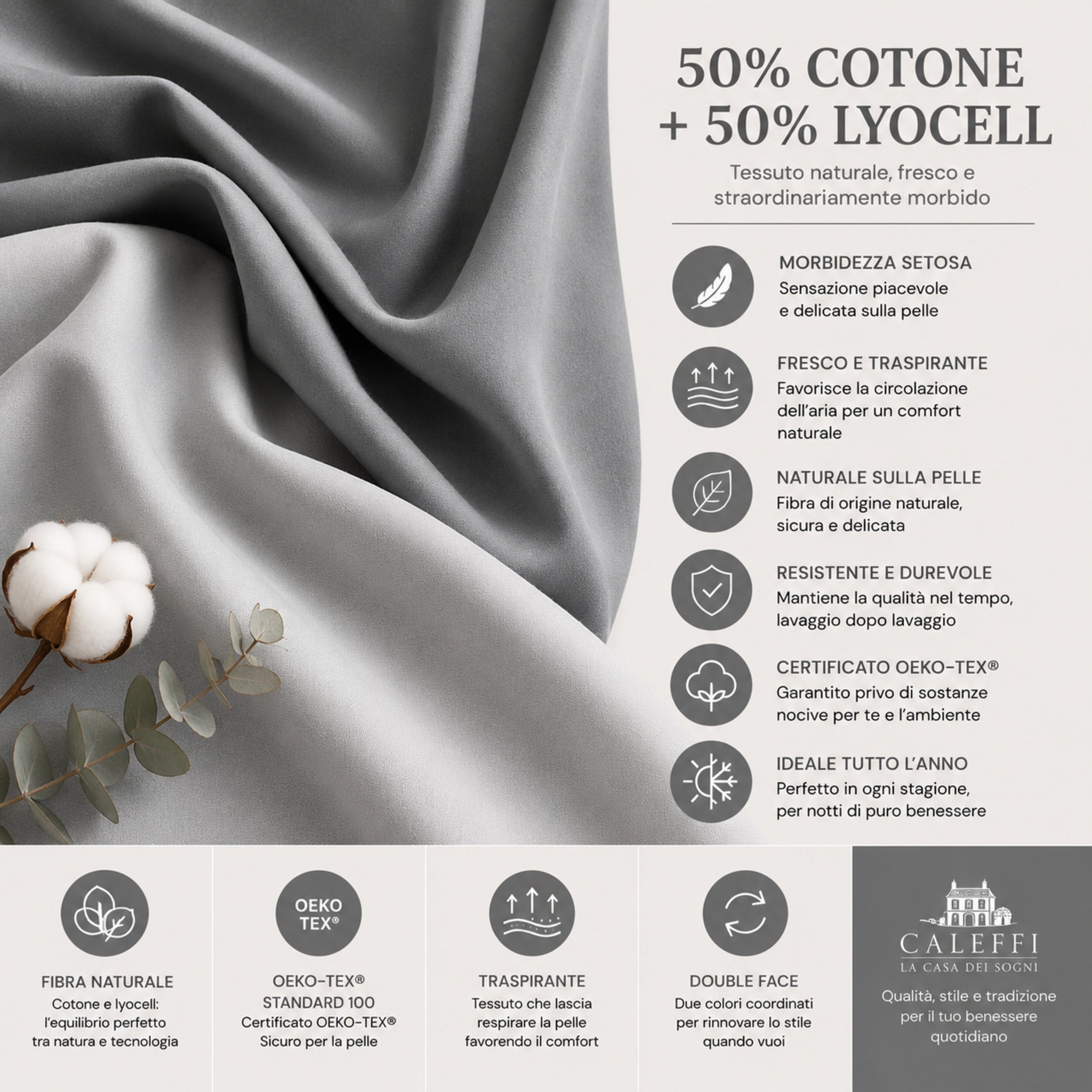 Dettaglio tessuto 50 cotone 50 lyocell del completo copripiumino Caleffi Vita certificato Oeko Tex grigio