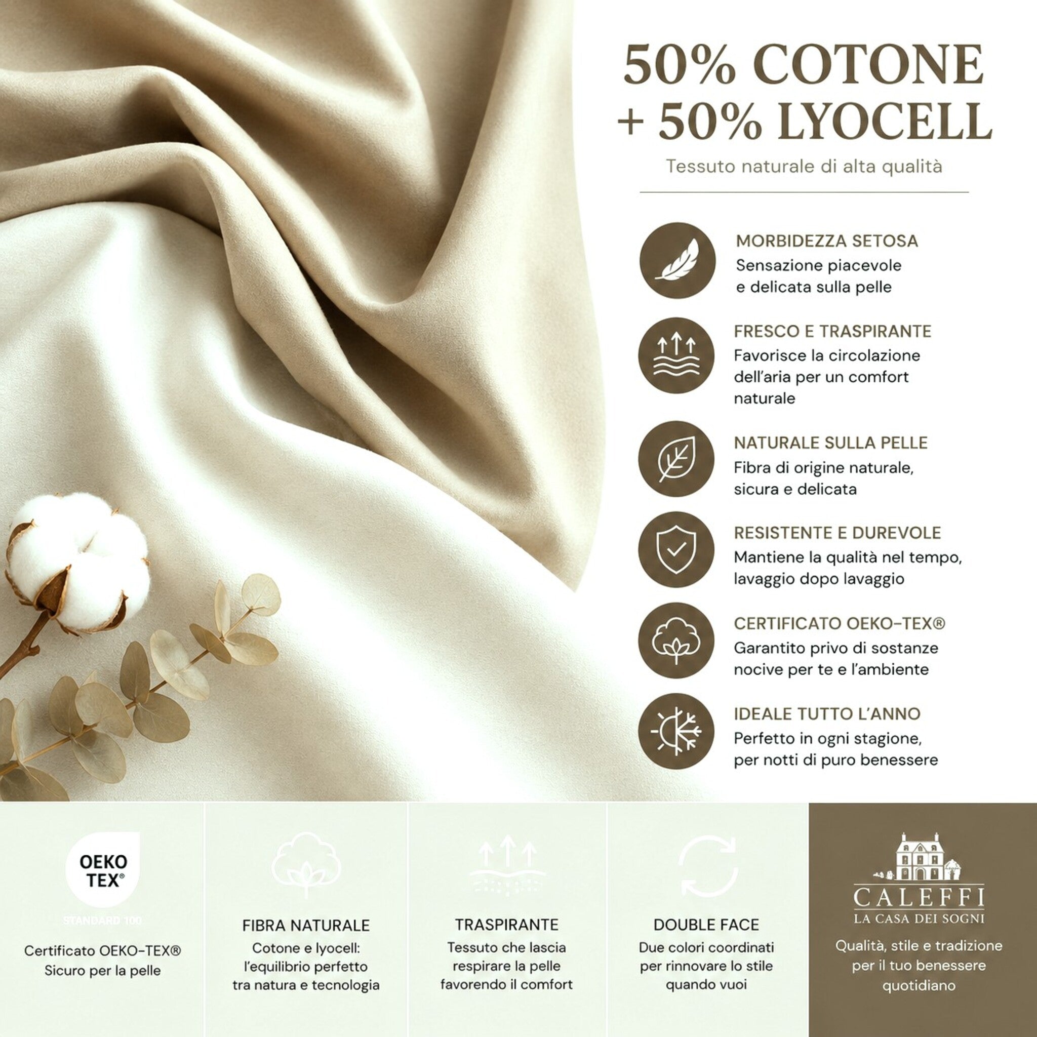 Dettaglio tessuto 50 cotone 50 lyocell del completo copripiumino Caleffi Vita certificato Oeko Tex naturale