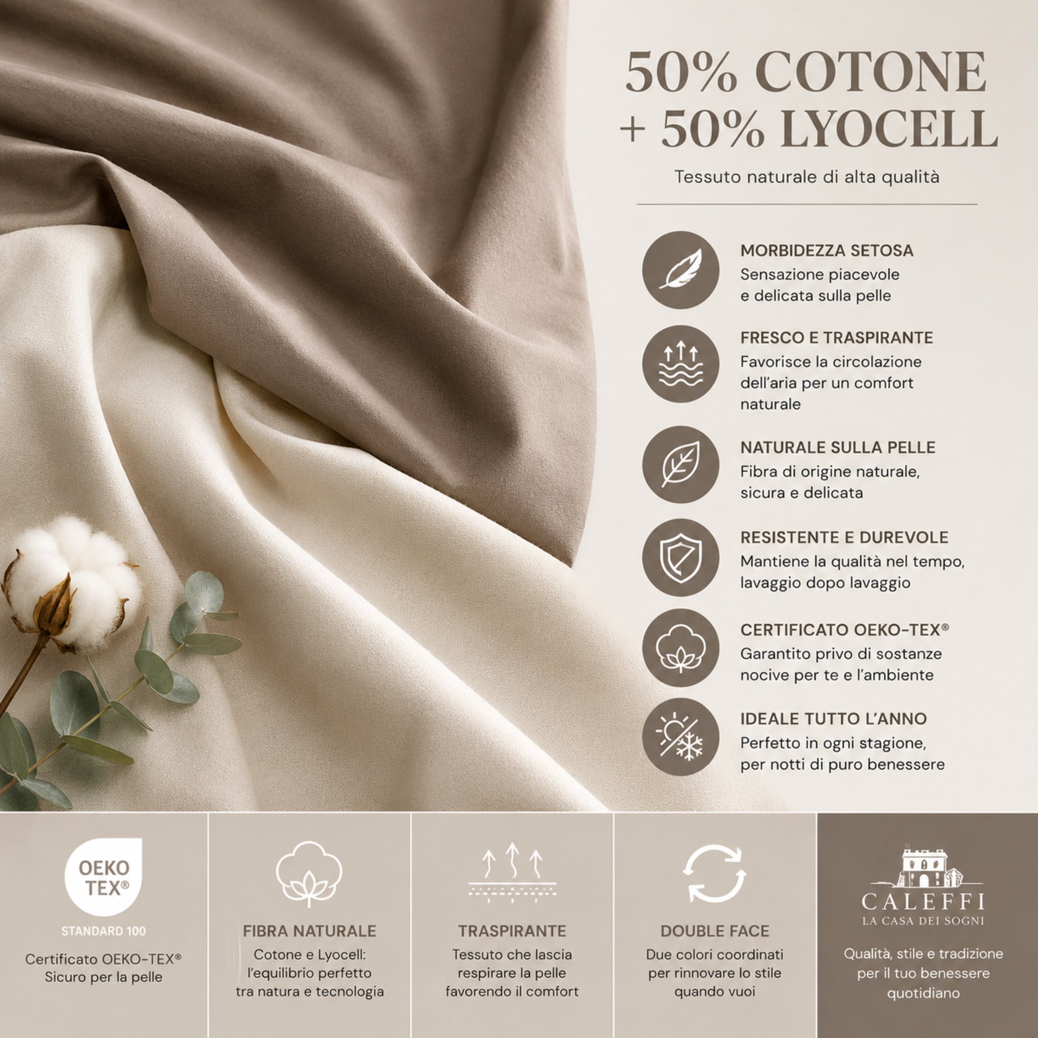 Dettaglio tessuto 50 cotone 50 lyocell del completo copripiumino Caleffi Vita certificato Oeko Tex tortora