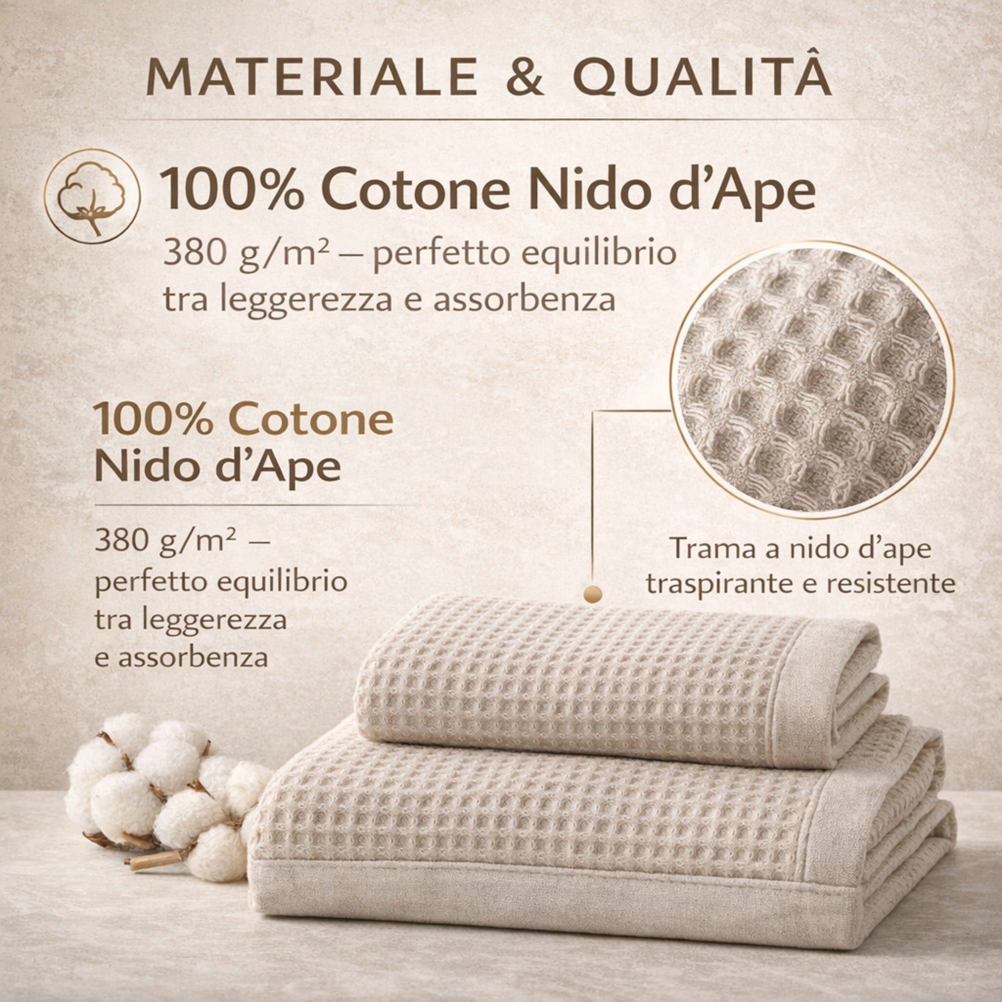 Dettaglio tessuto nido d’ape asciugamani cotone 380 g/m²