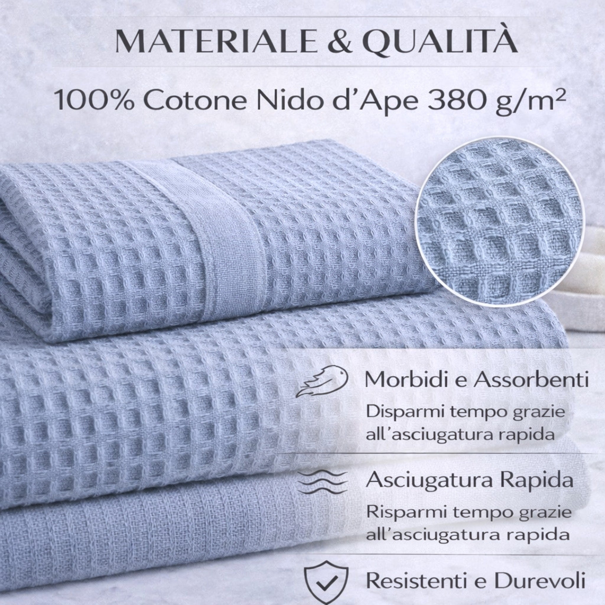 Dettaglio tessuto nido d’ape asciugamani cotone 380 g/m²