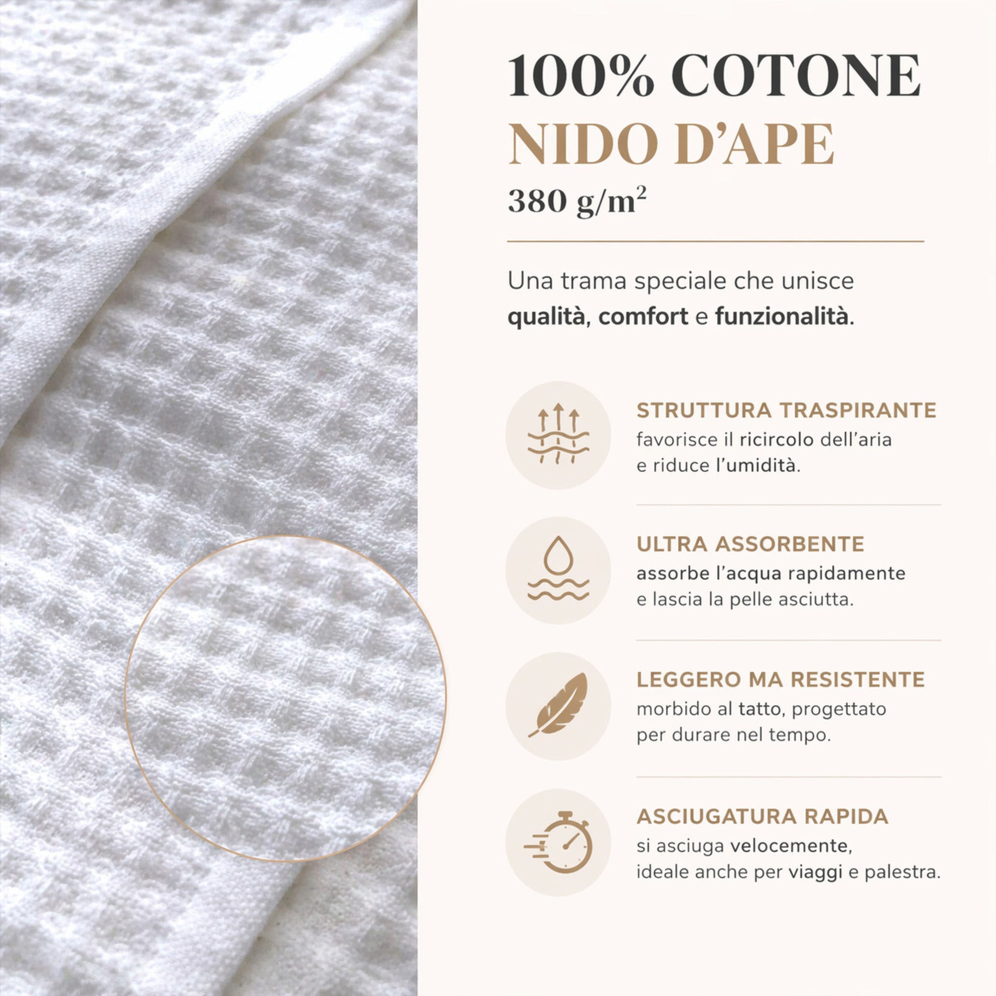 Dettaglio tessuto nido d’ape asciugamani cotone 380 g/m²