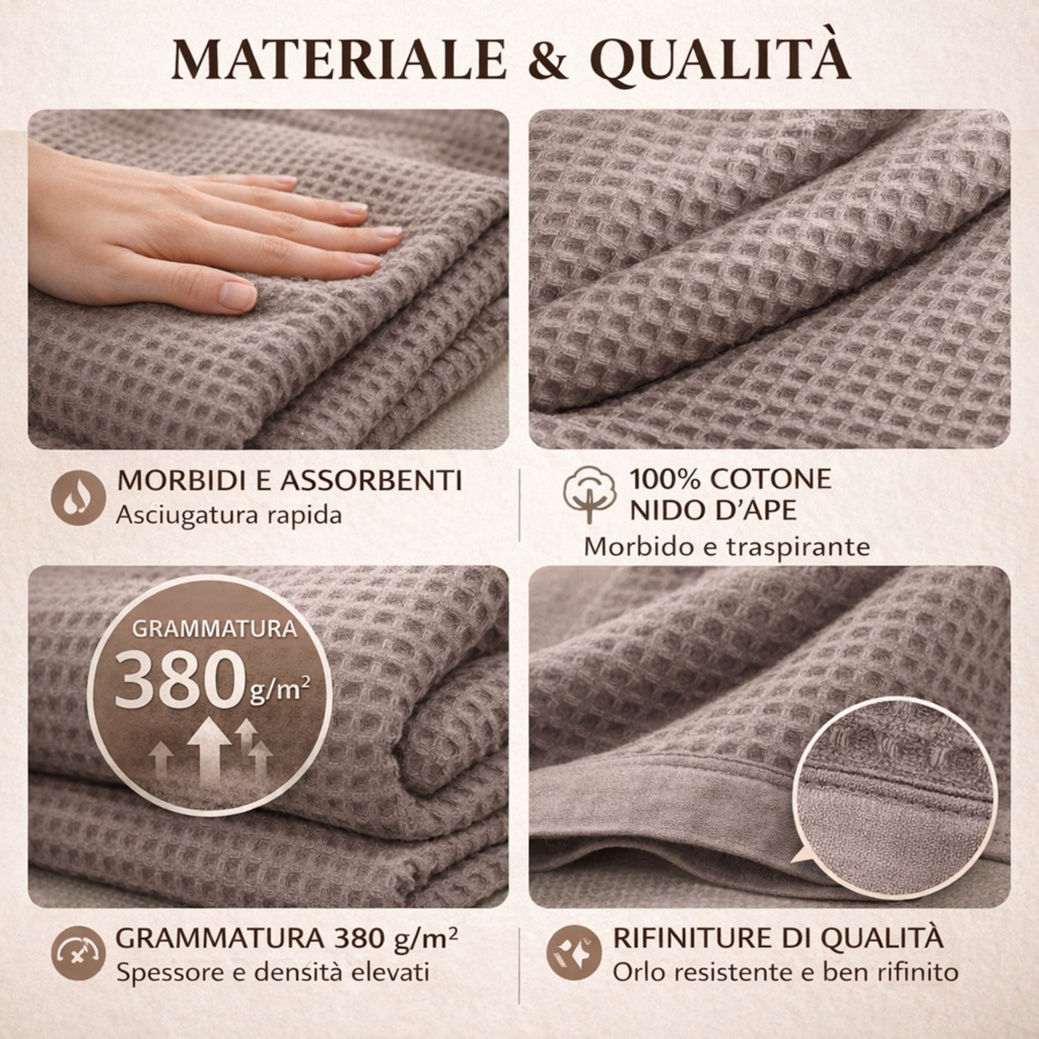 Dettaglio tessuto nido d’ape asciugamani cotone 380 g/m²