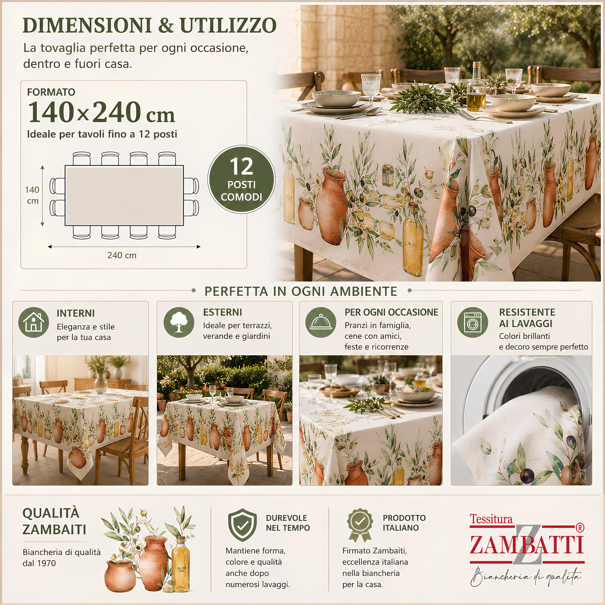 Dimensioni tovaglia Zambaiti Anphora 140x240 cm per tavolo fino a 12 posti