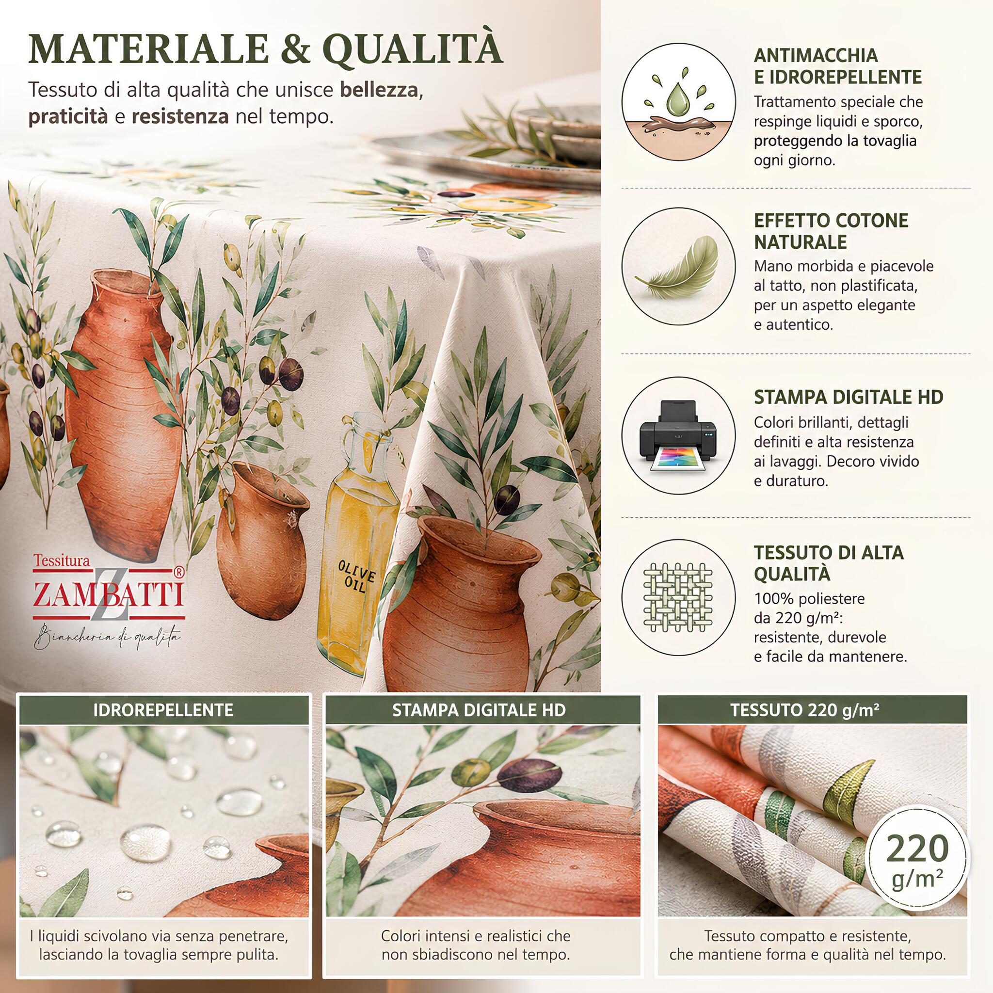 Caratteristiche della tovaglia antimacchia Zambaiti Anphora effetto cotone idrorepellente