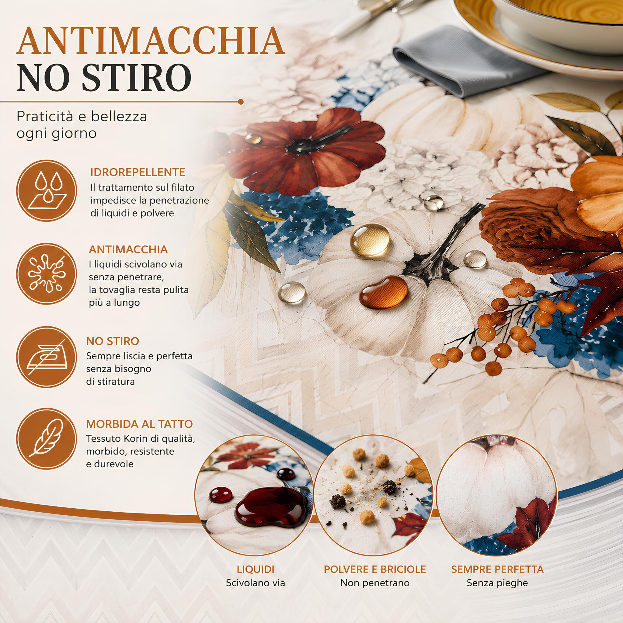 Dettaglio caratteristiche antimacchia idrorepellente e no stiro della tovaglia Maison Sucrée Zucche