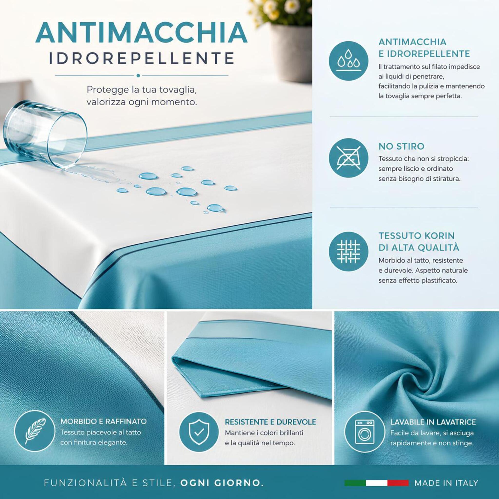 Dettagli tovaglia antimacchia idrorepellente no stiro Maison Sucrée Vibra colore Acqua