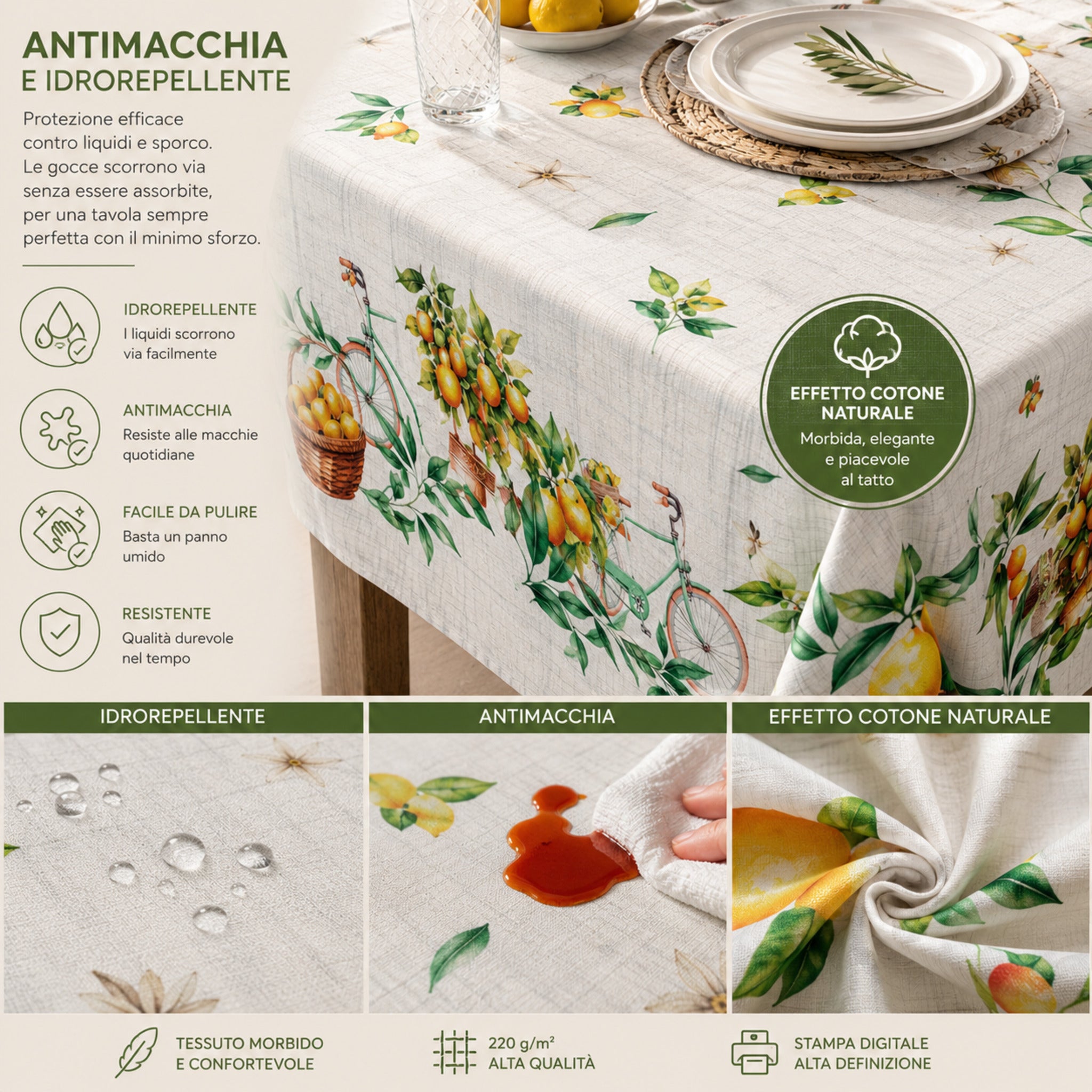 Dettaglio tovaglia antimacchia idrorepellente Zambaiti Limoni effetto cotone naturale con stampa digitale