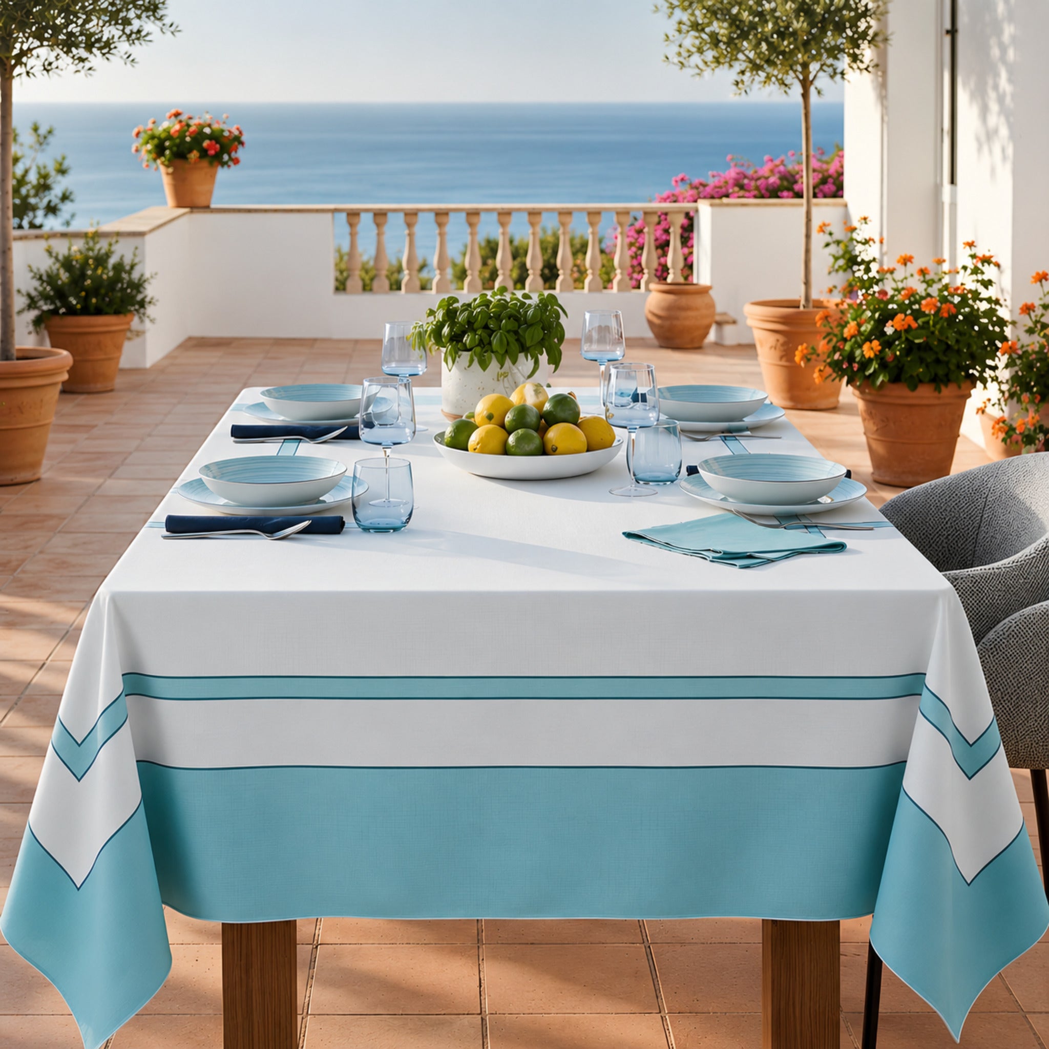 Tovaglia antimacchia Maison Sucrée Art Vibra colore Acqua ambientata su tavola elegante vista mare