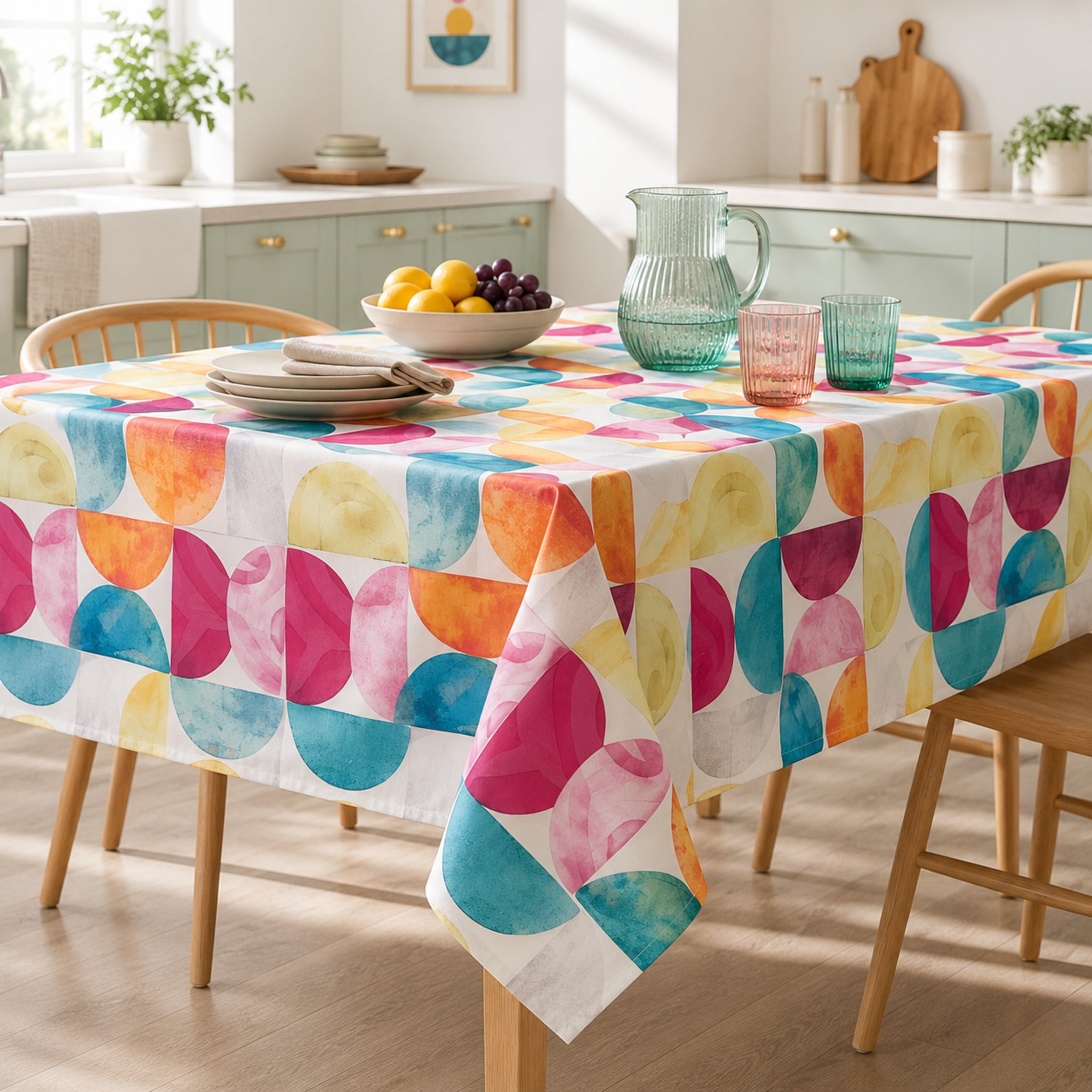 Tovaglia antimacchia Maison Sucrée Art Solevivo con fantasia geometrica colorata effetto acquerello